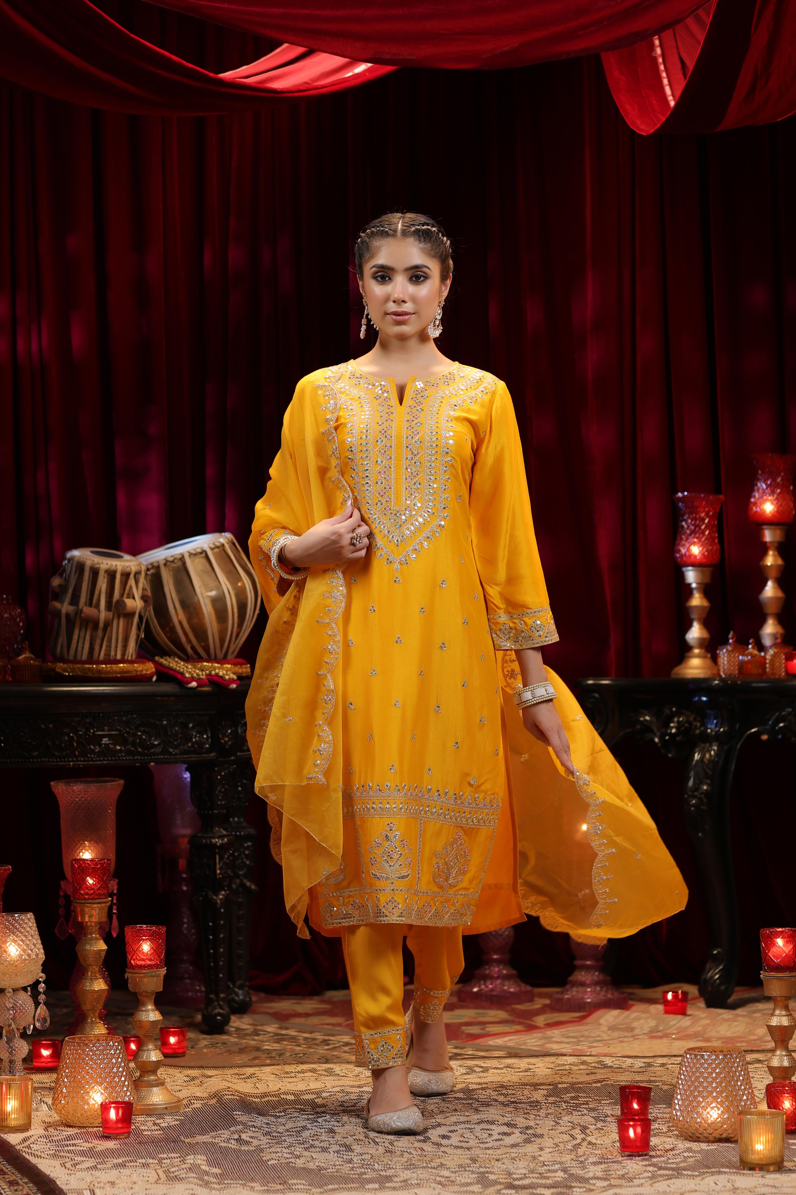 Mustard Dupion Silk Dori Embroidered Suit Set