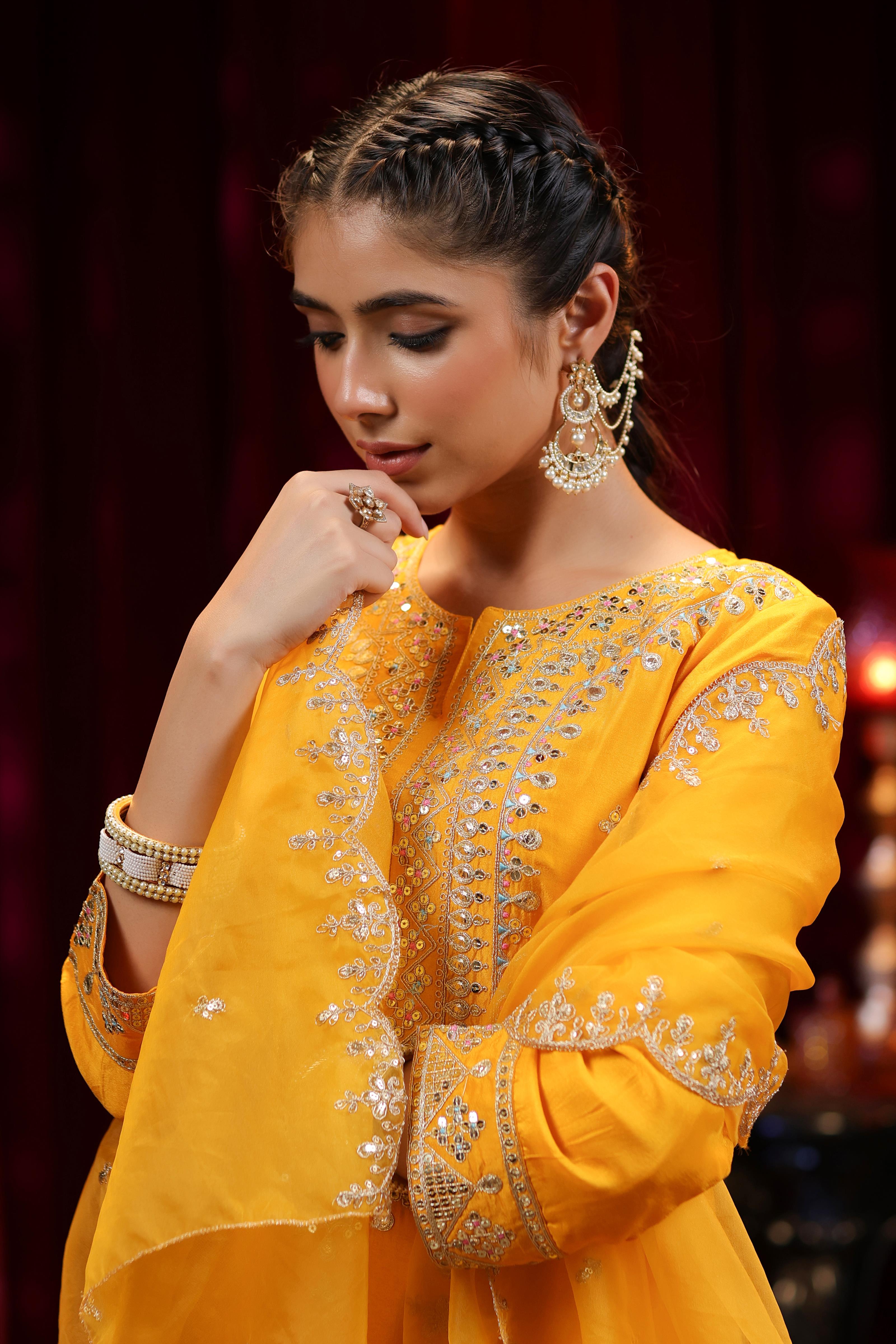 Mustard Dupion Silk Dori Embroidered Suit Set