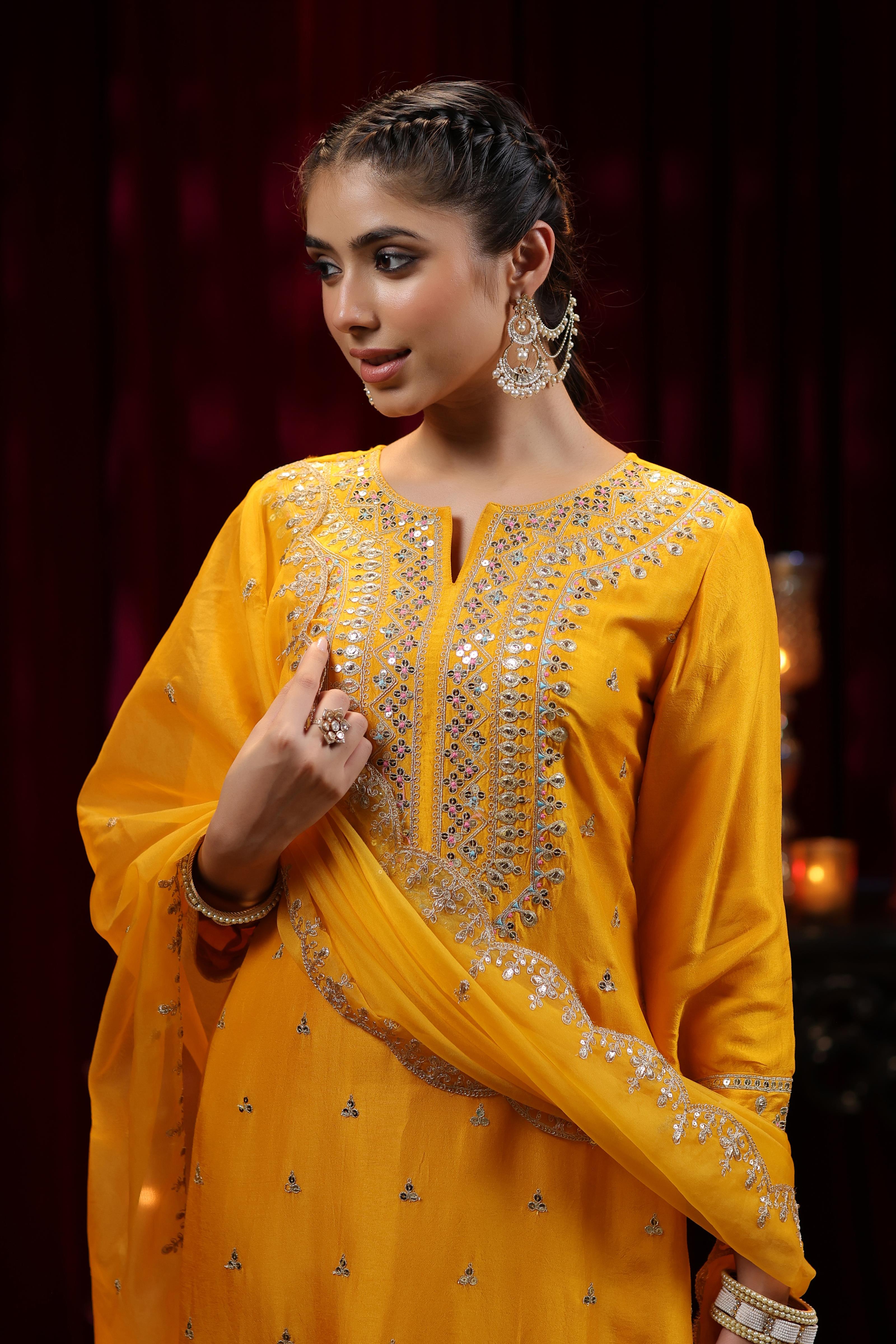 Mustard Dupion Silk Dori Embroidered Suit Set