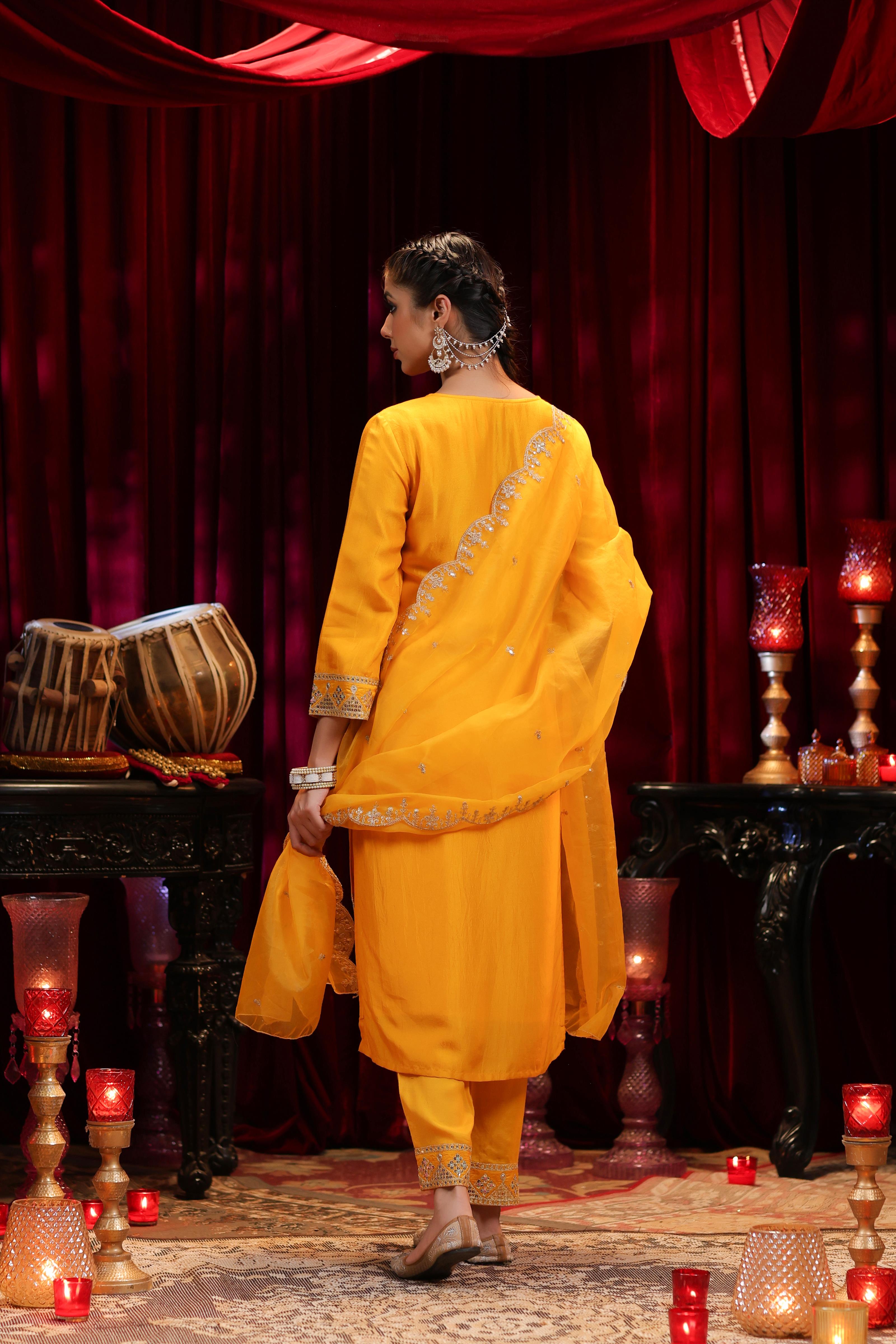 Mustard Dupion Silk Dori Embroidered Suit Set