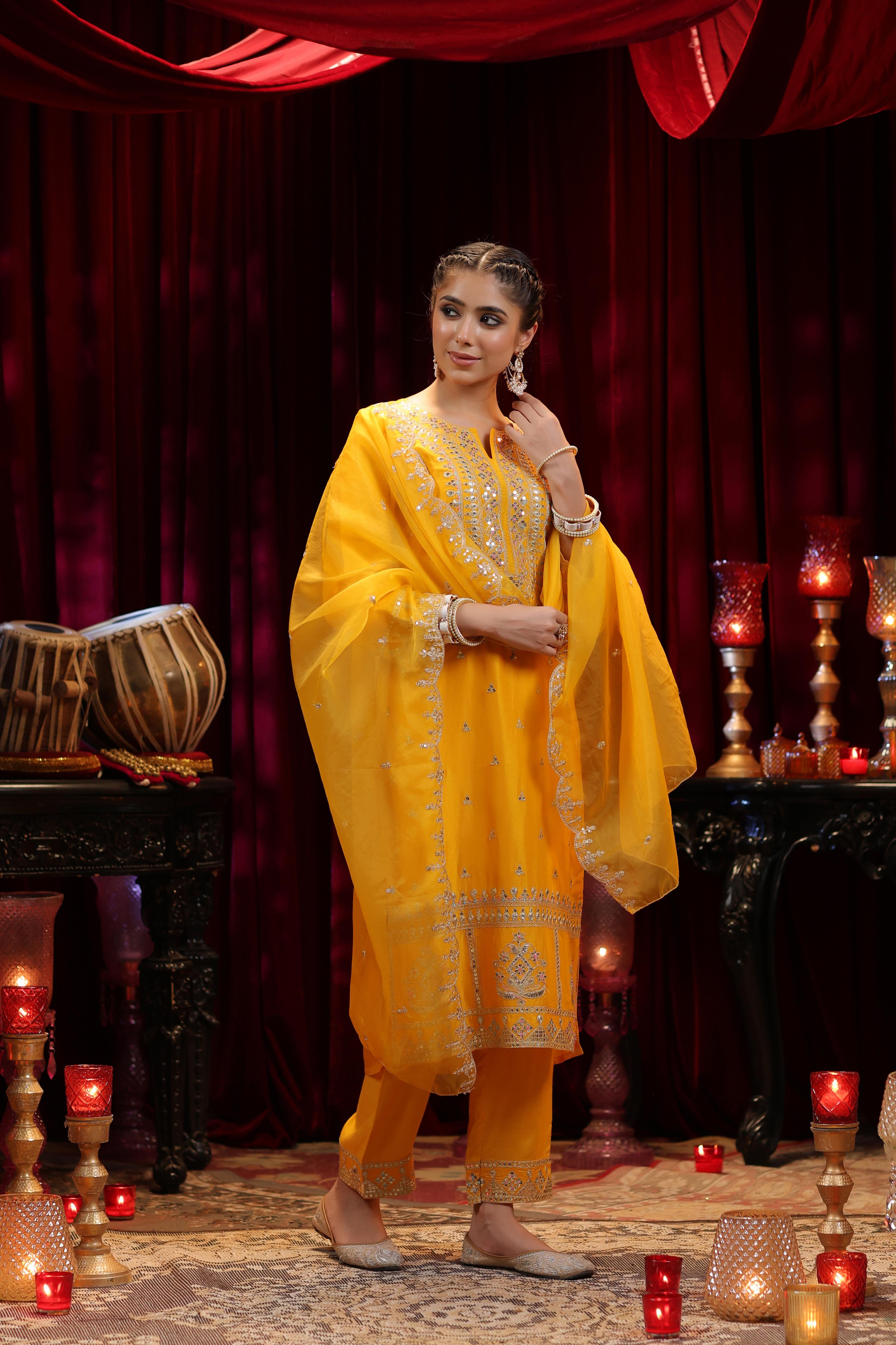 Mustard Dupion Silk Dori Embroidered Suit Set