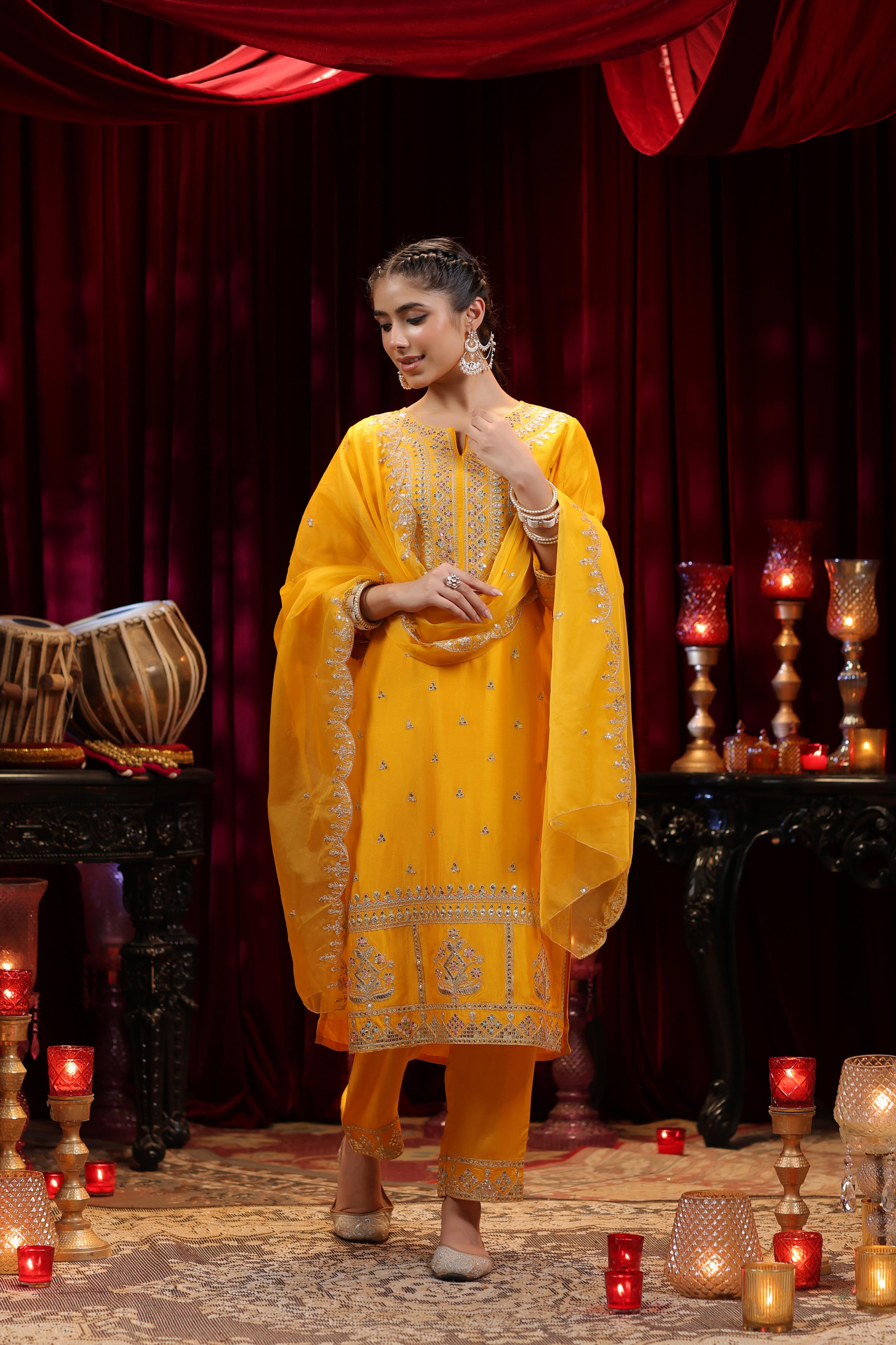 Mustard Dupion Silk Dori Embroidered Suit Set