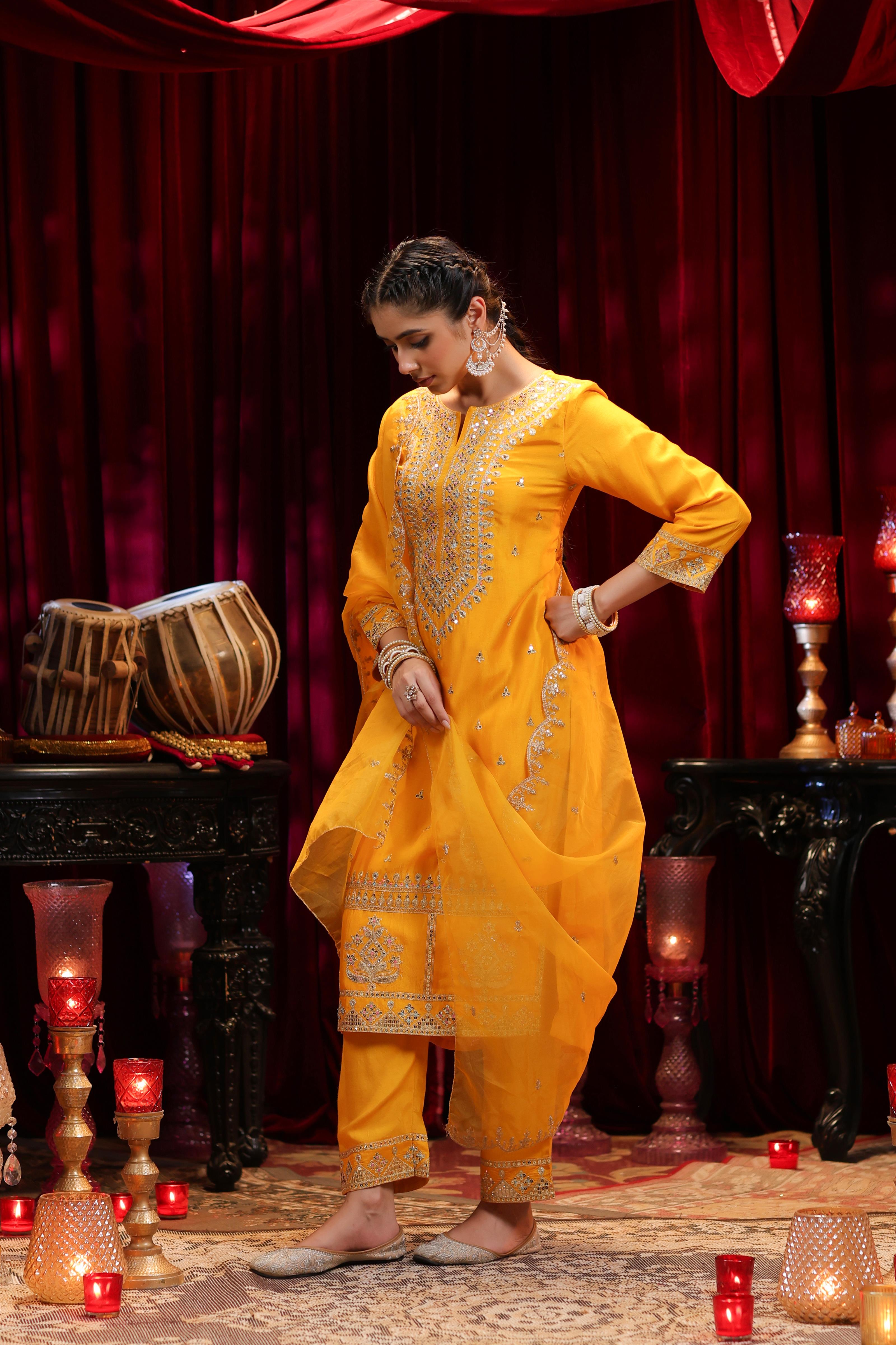 Mustard Dupion Silk Dori Embroidered Suit Set