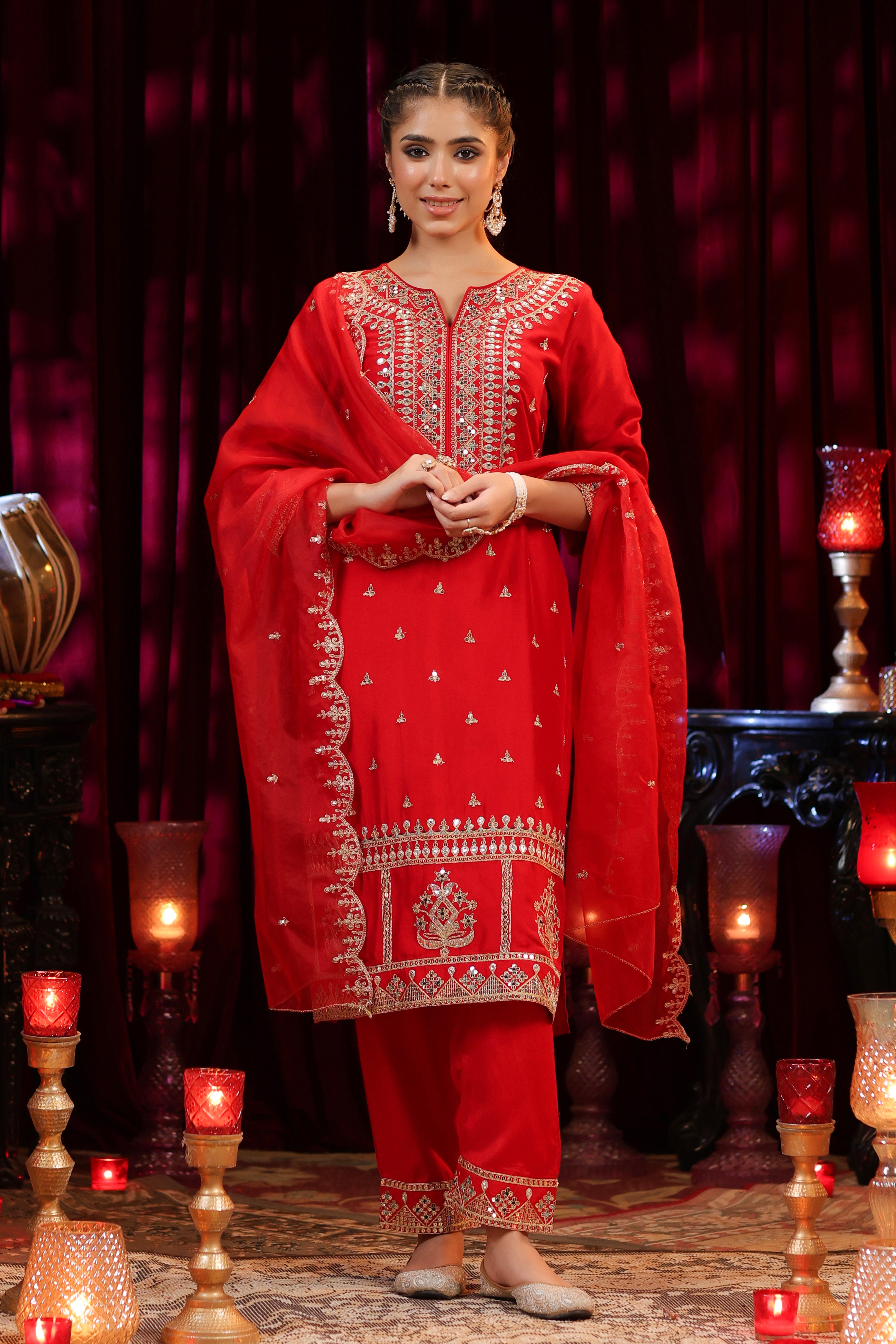 Red Dupion Silk Dori Embroidered Suit Set