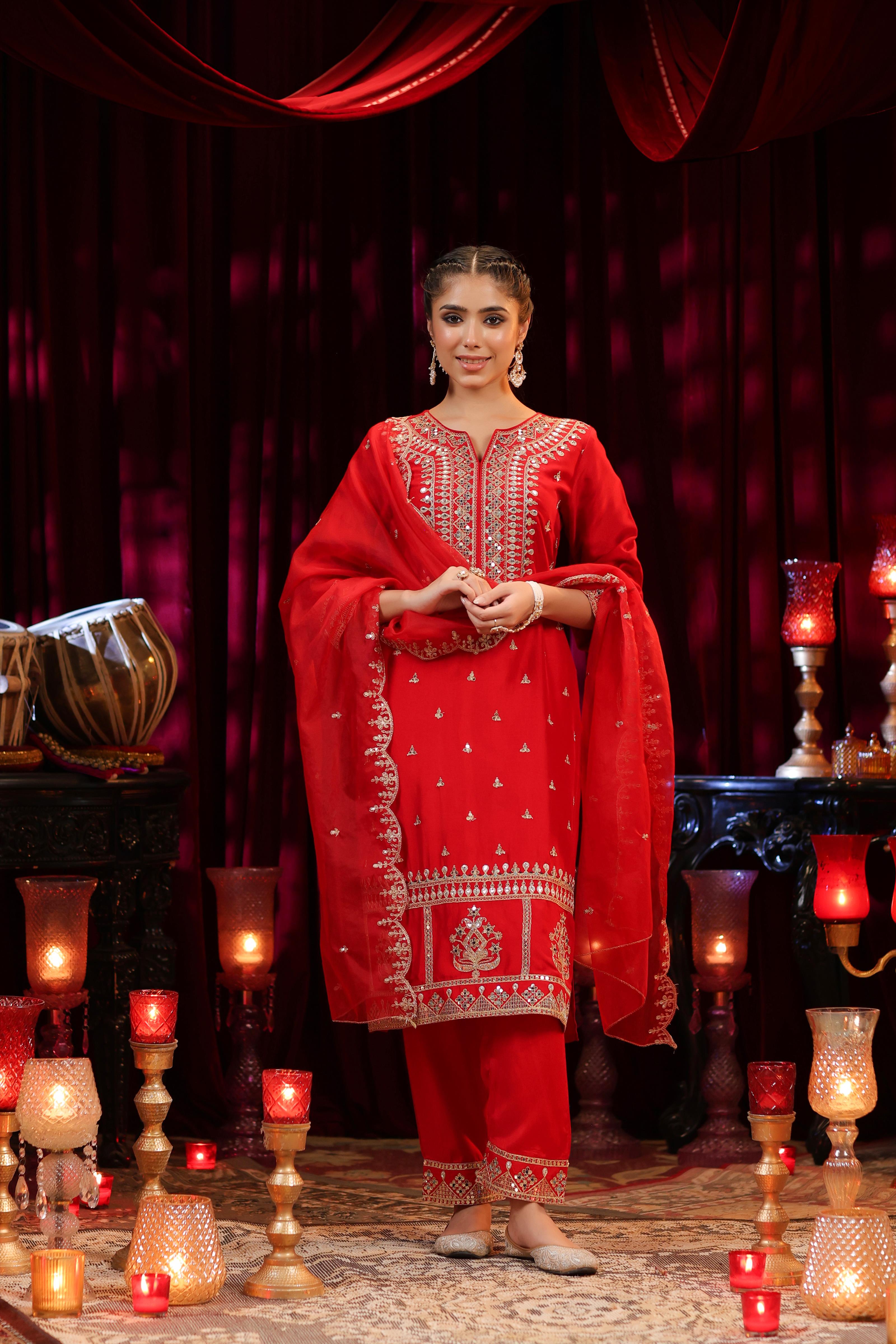 Red Dupion Silk Dori Embroidered Suit Set