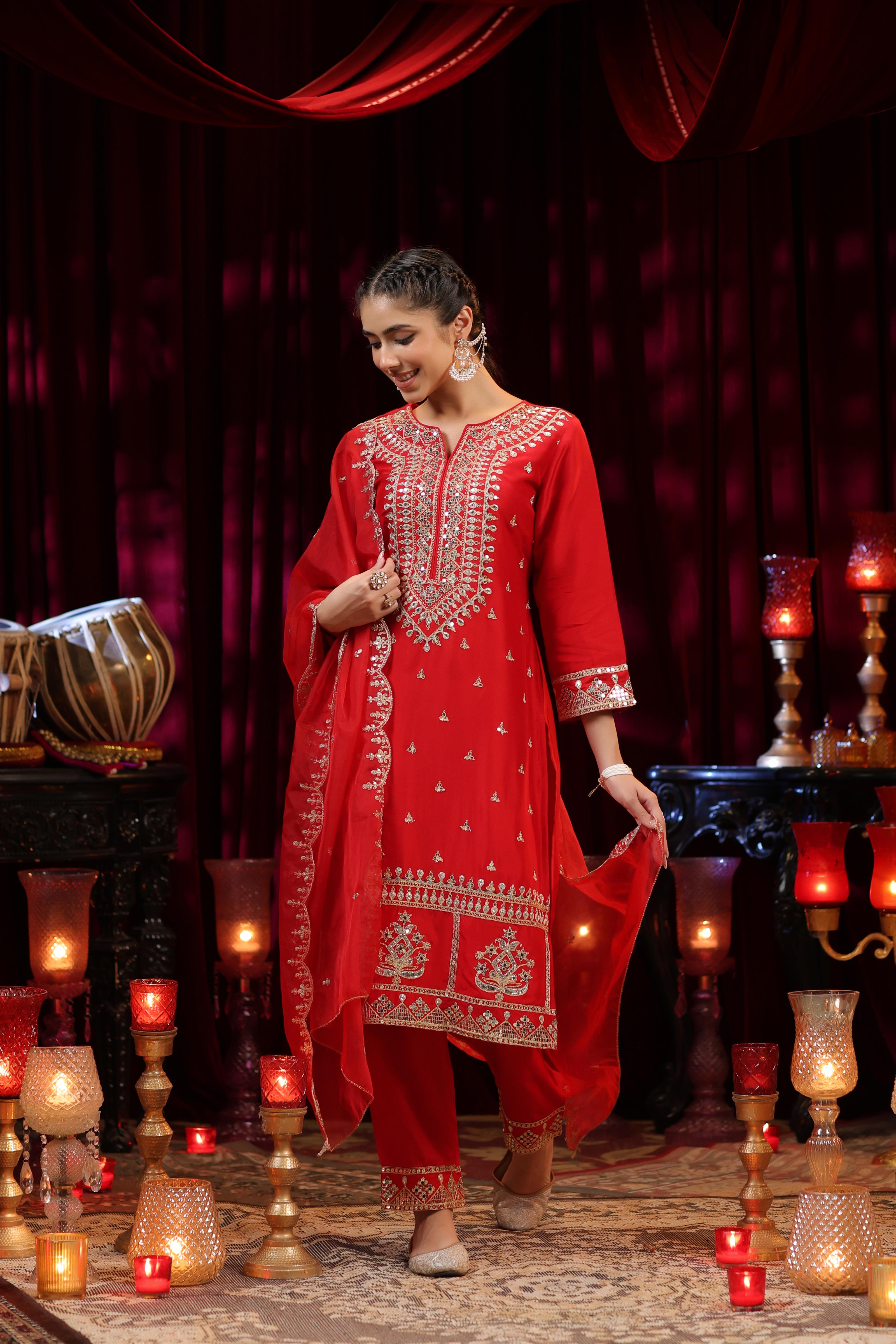 Red Dupion Silk Dori Embroidered Suit Set