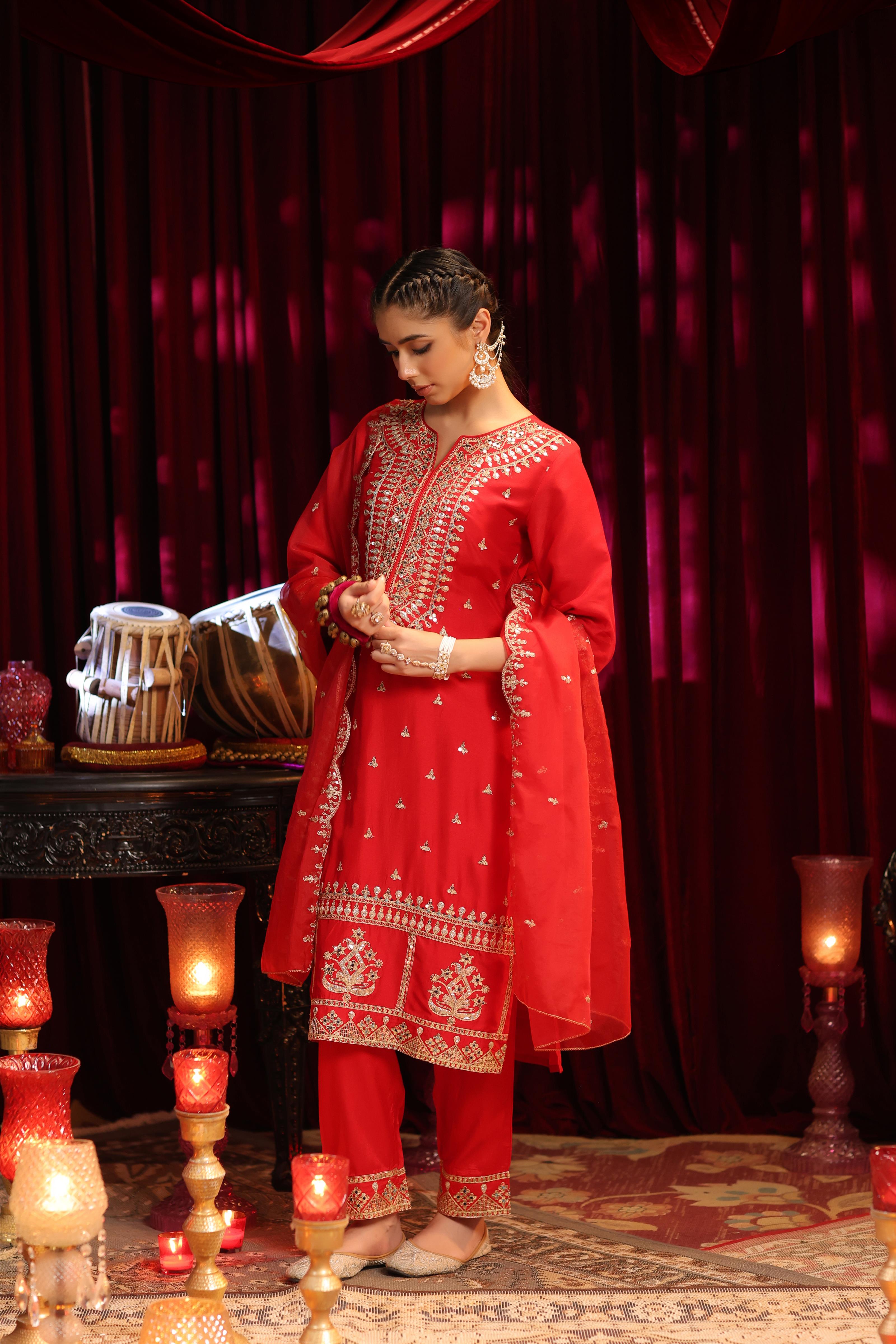 Red Dupion Silk Dori Embroidered Suit Set