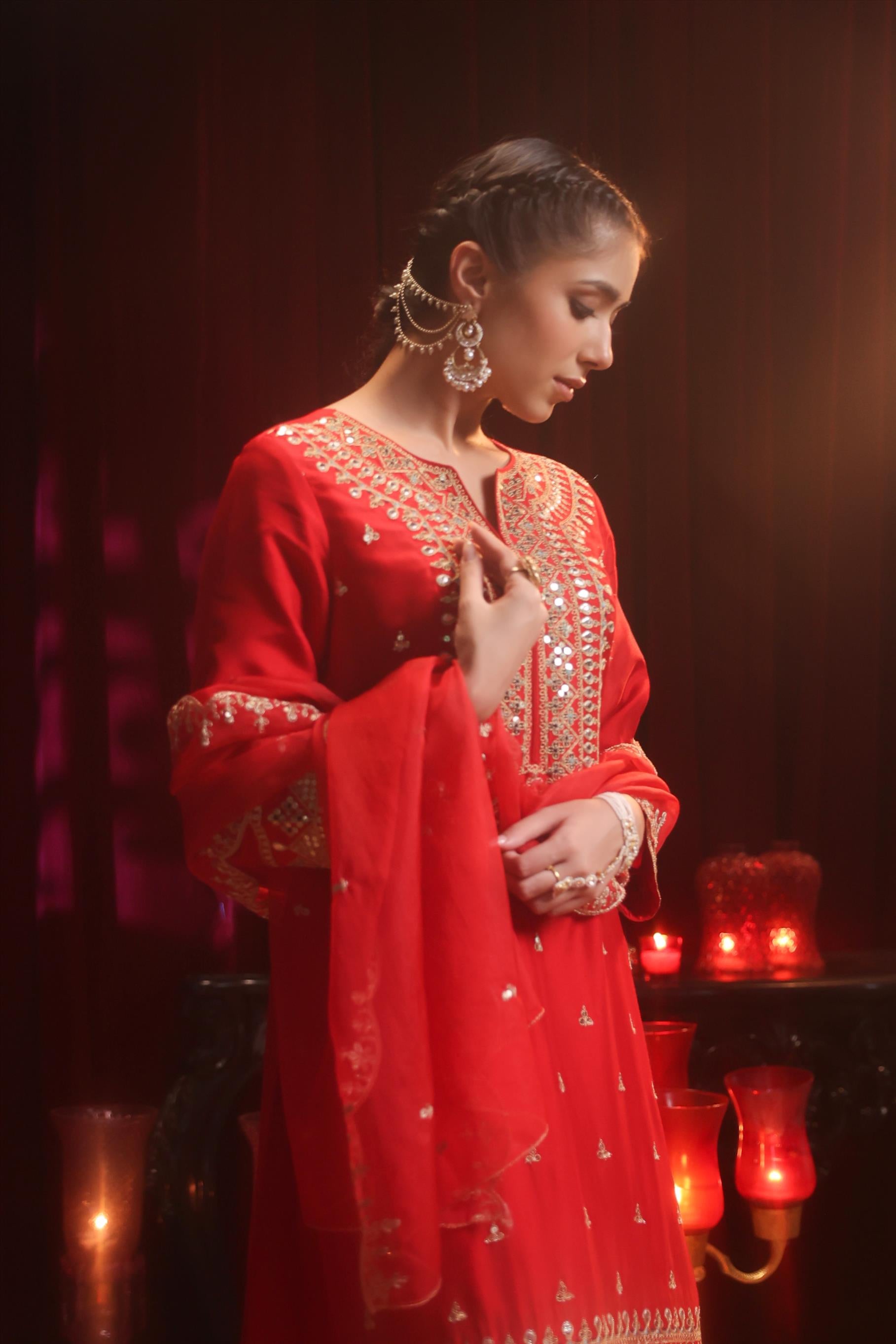 Red Dupion Silk Dori Embroidered Suit Set