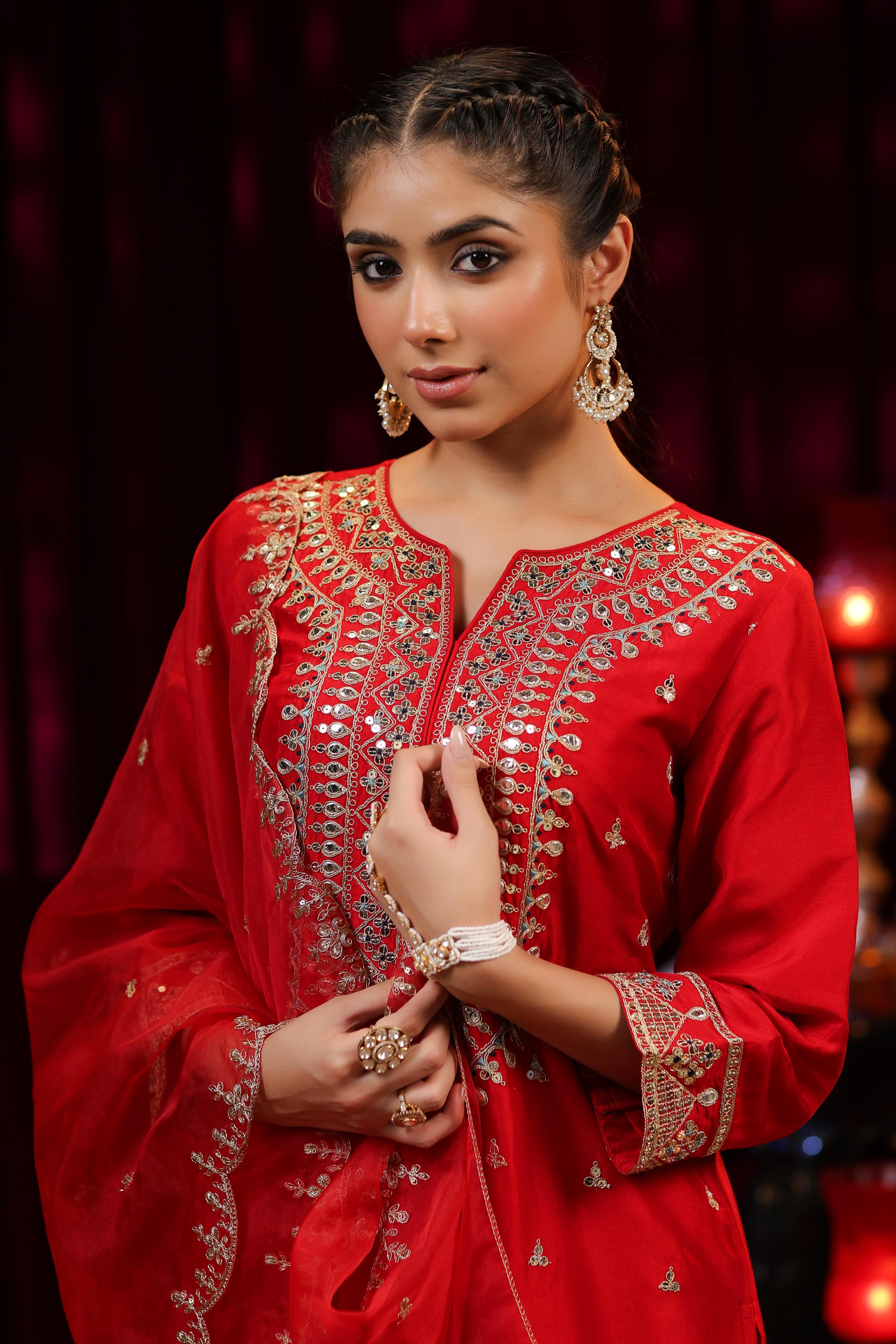 Red Dupion Silk Dori Embroidered Suit Set