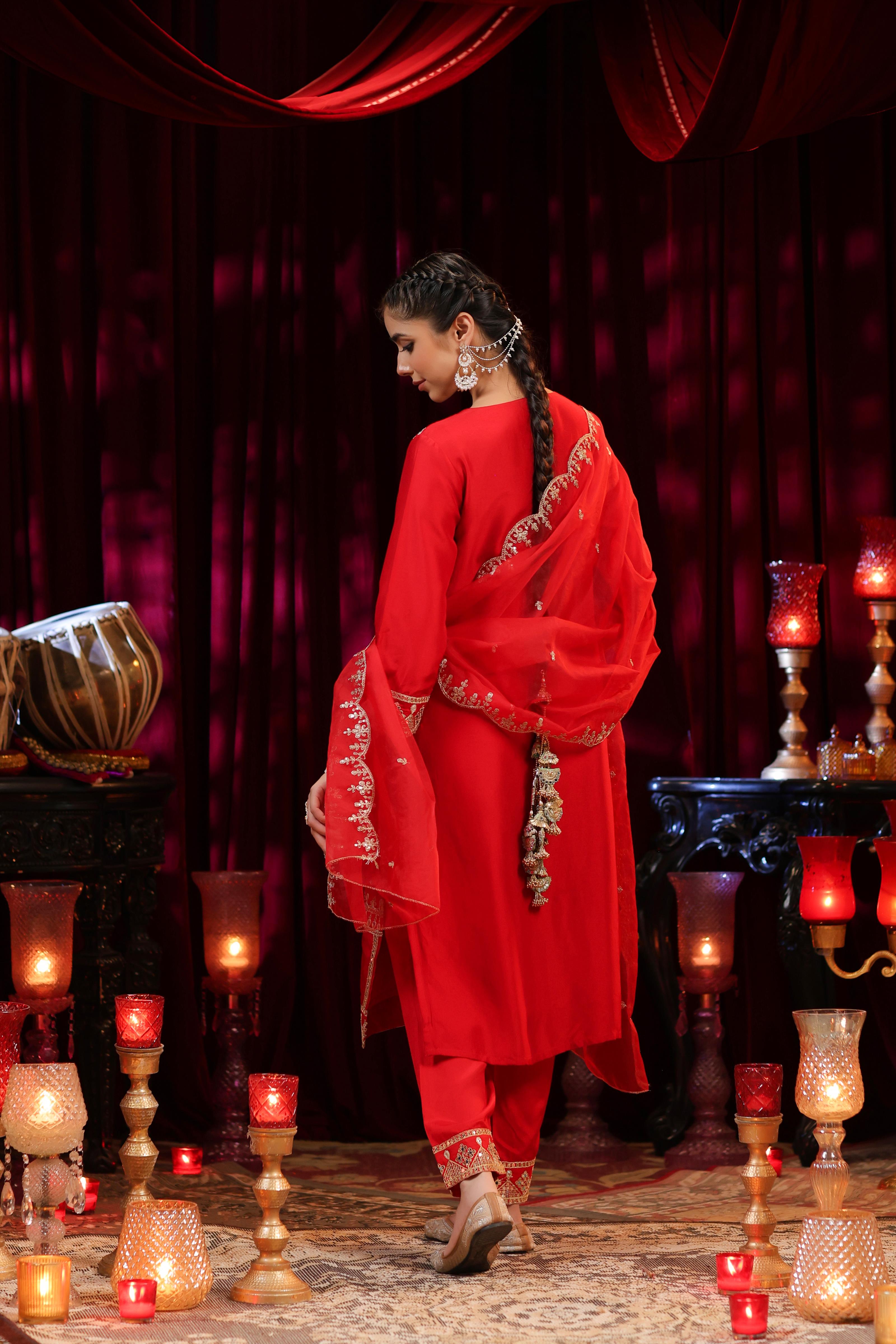 Red Dupion Silk Dori Embroidered Suit Set