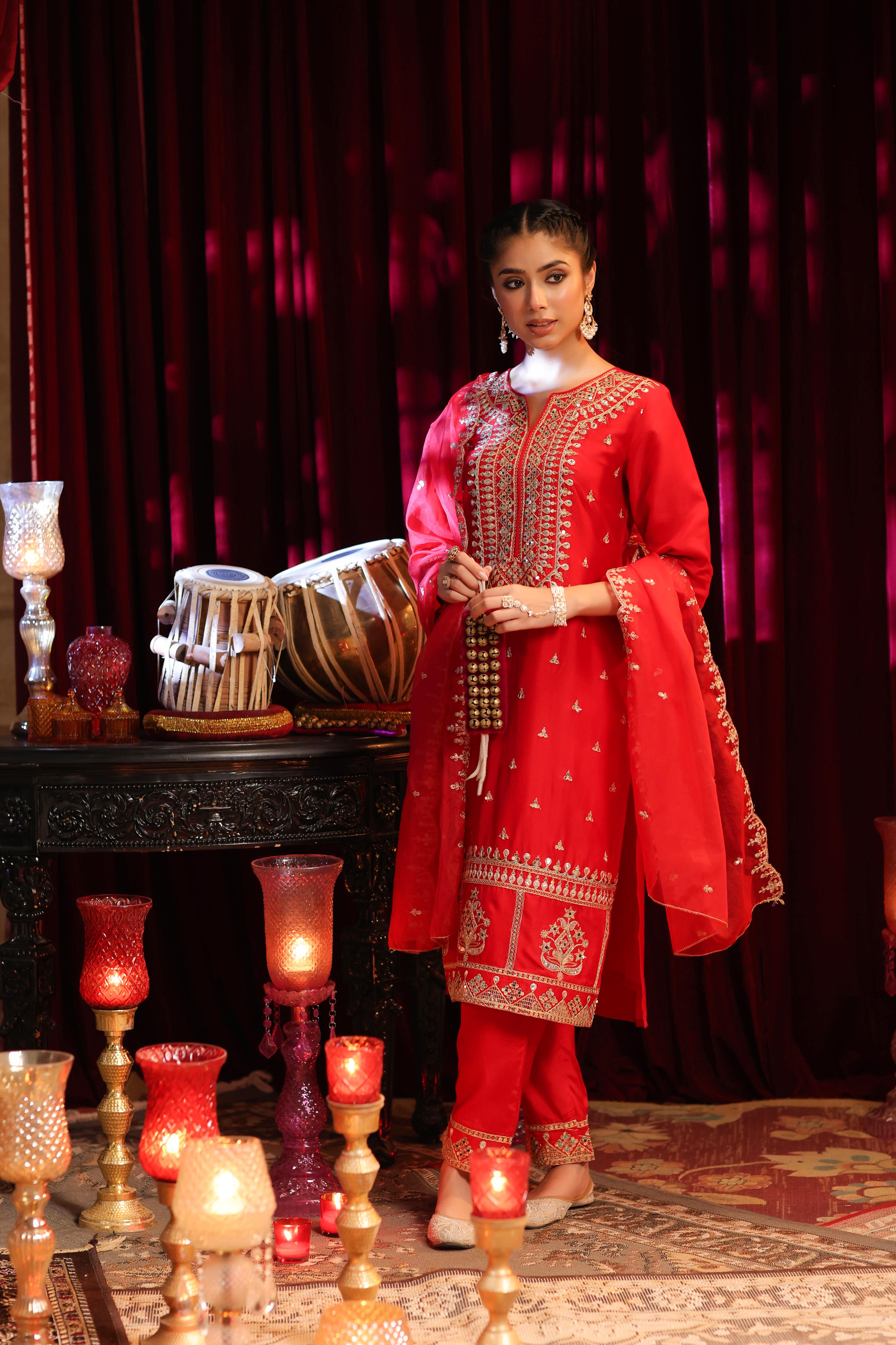 Red Dupion Silk Dori Embroidered Suit Set