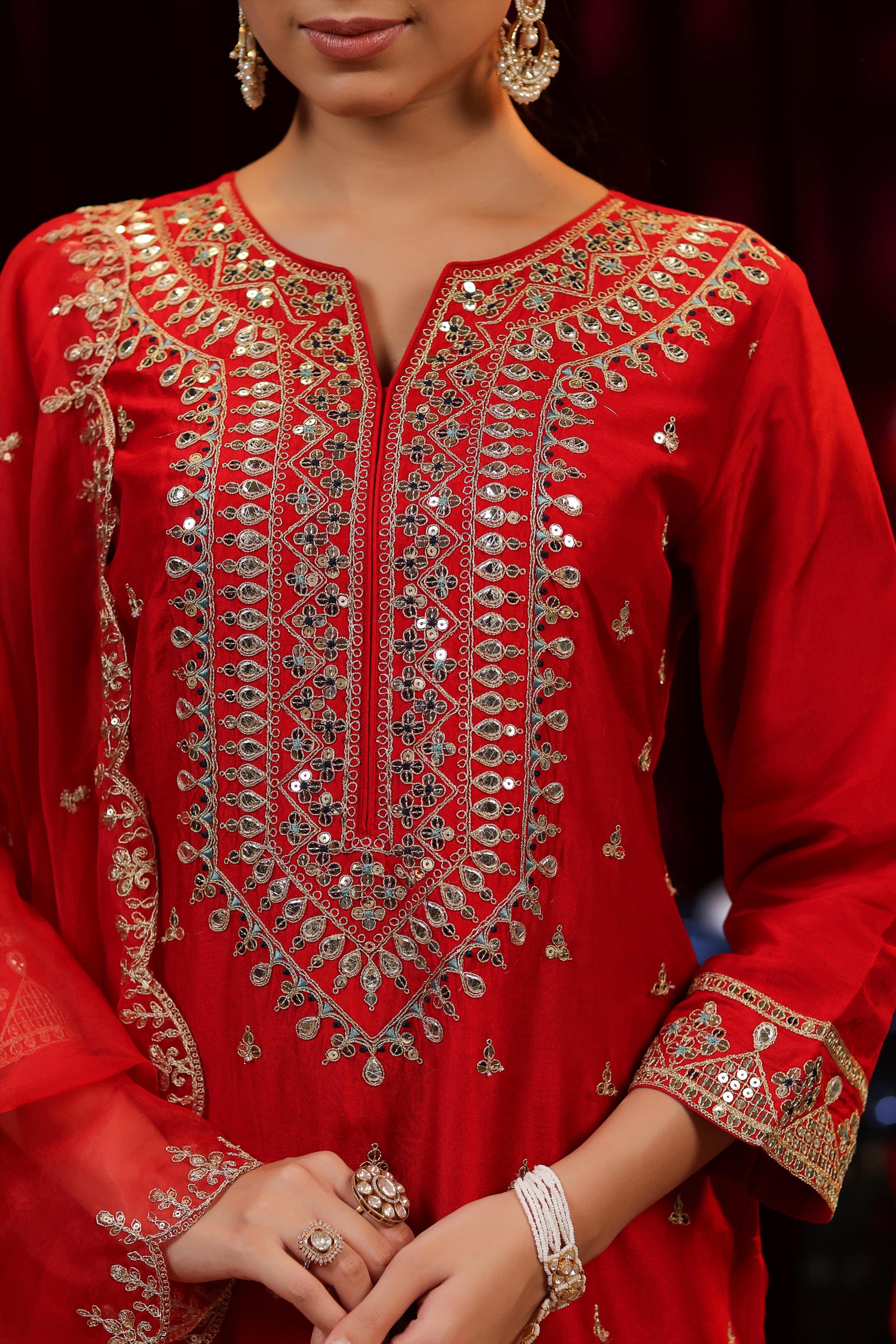 Red Dupion Silk Dori Embroidered Suit Set