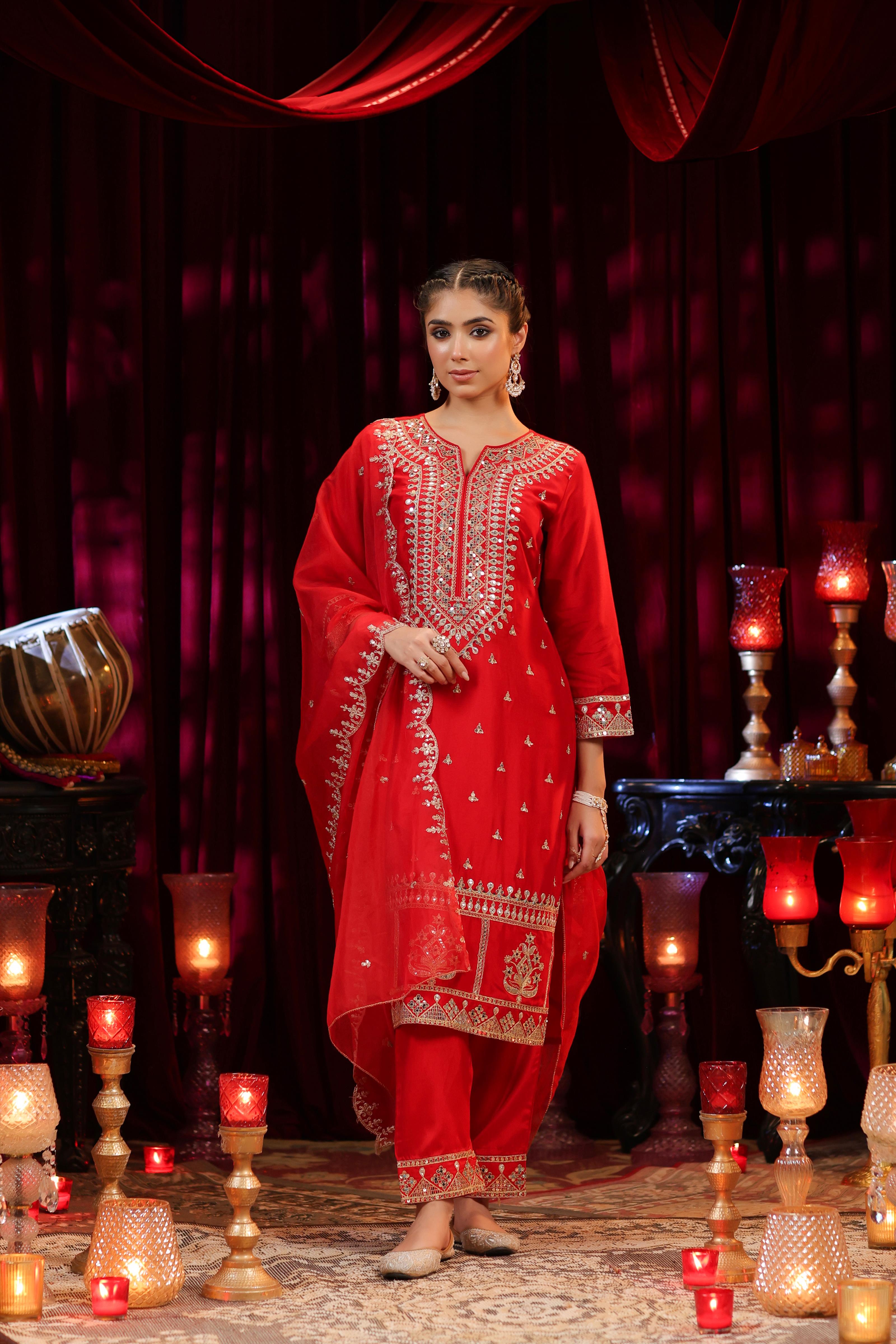 Red Dupion Silk Dori Embroidered Suit Set