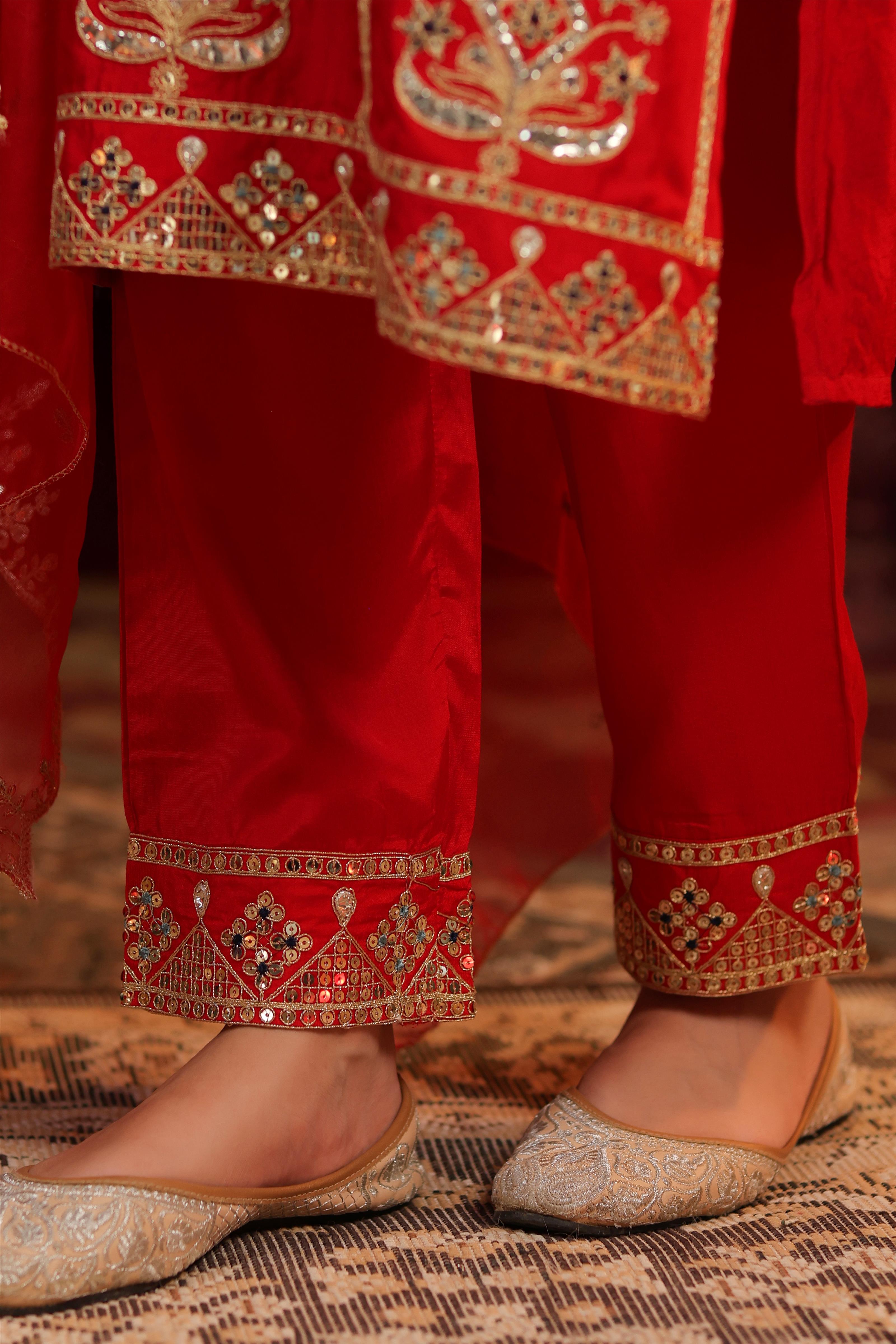 Red Dupion Silk Dori Embroidered Suit Set