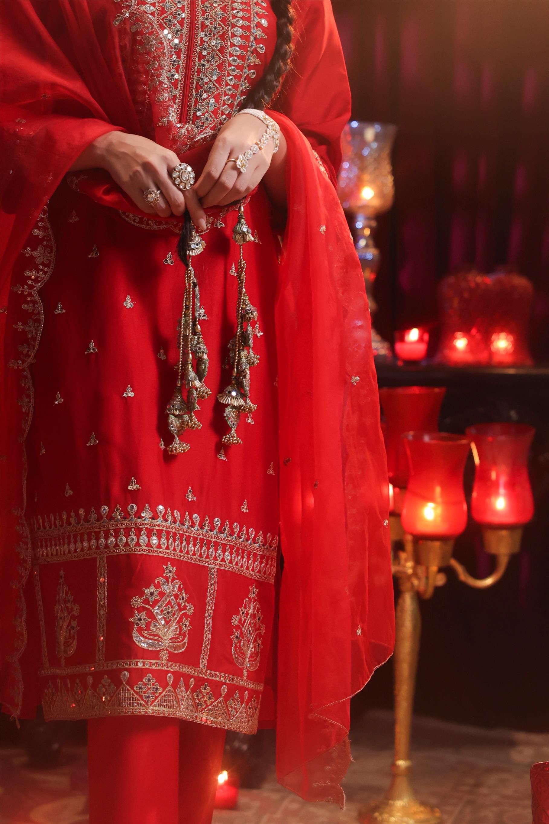 Red Dupion Silk Dori Embroidered Suit Set