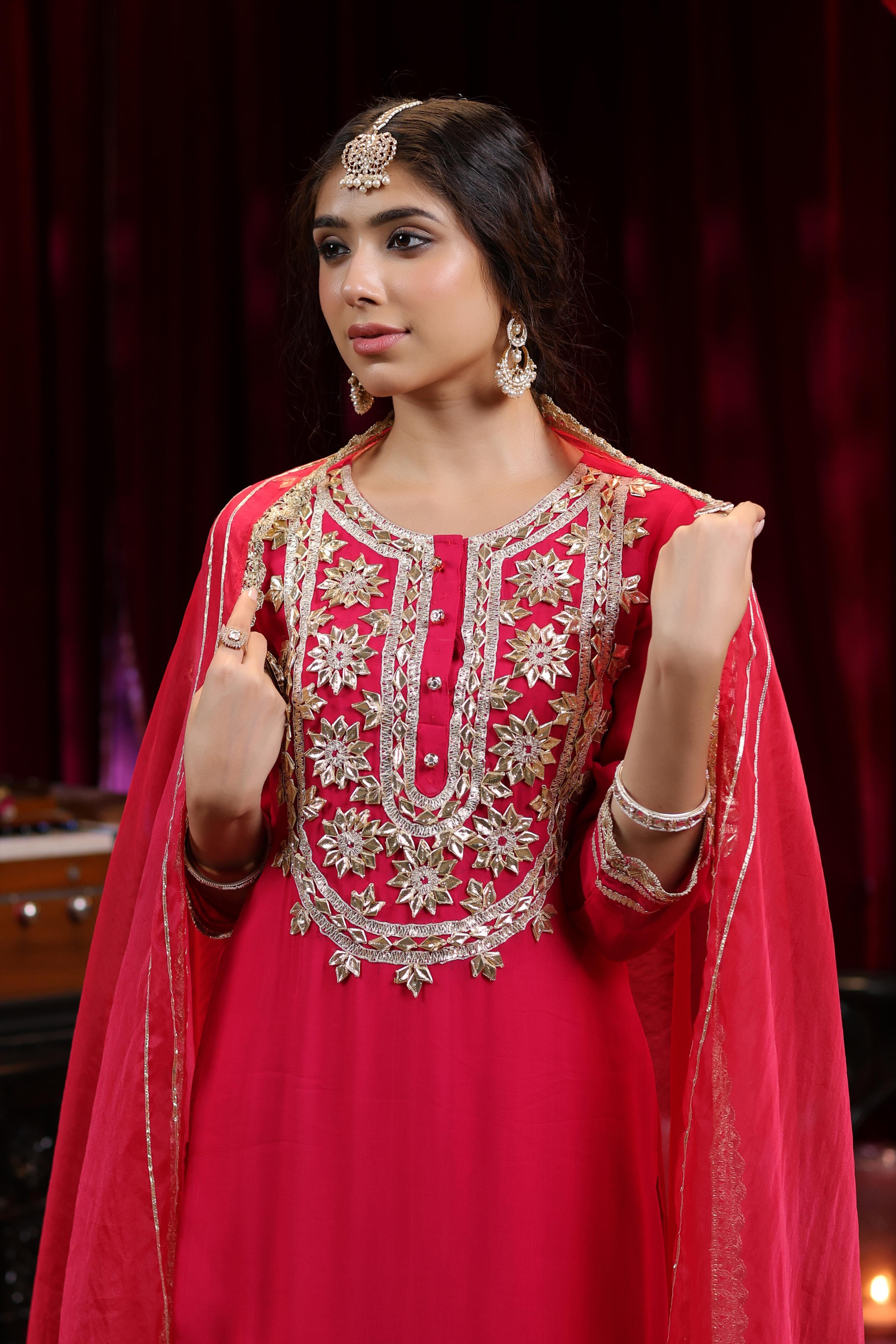 Fuchsia Georgette Gota Work Palazzo Set