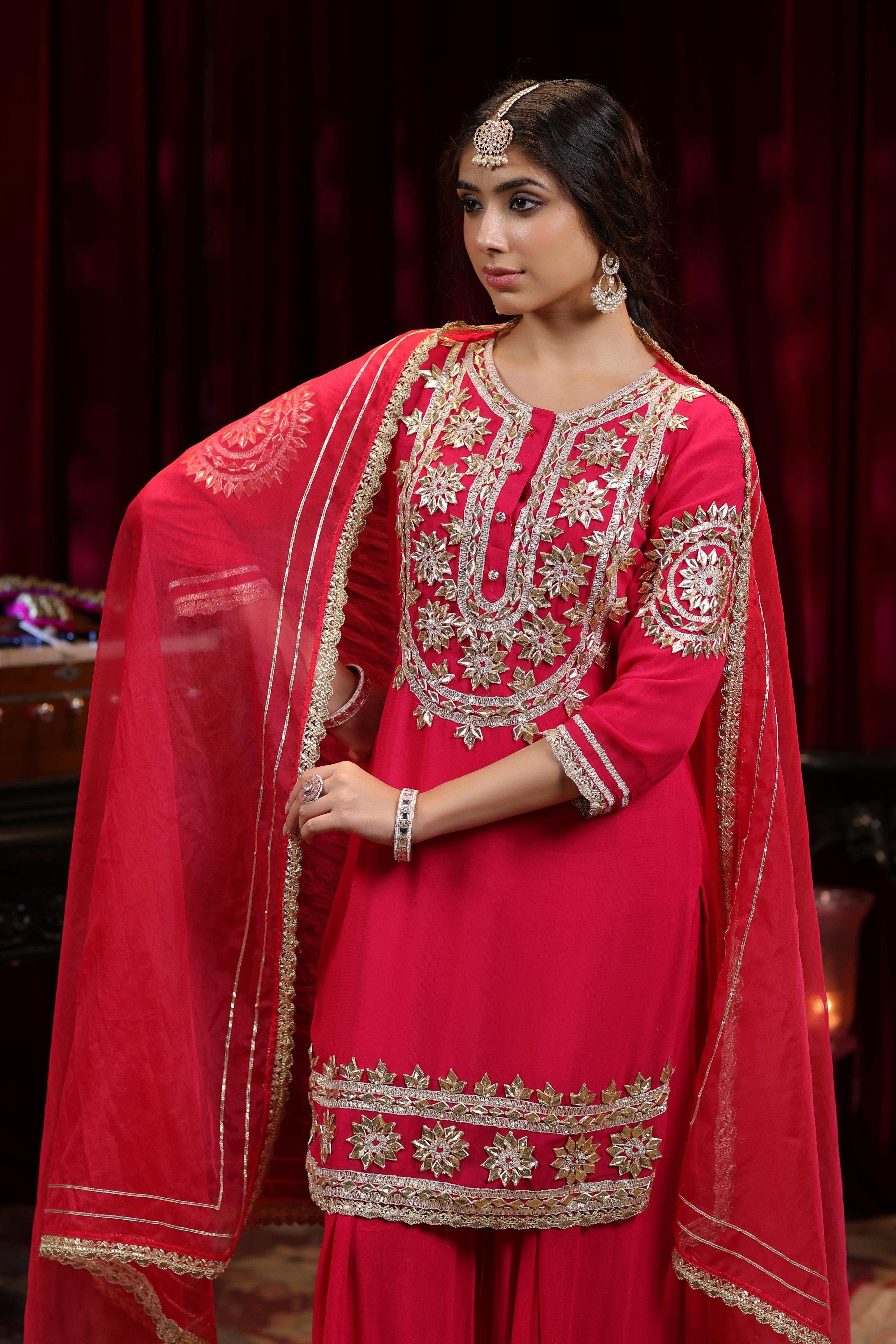 Fuchsia Georgette Gota Work Palazzo Set