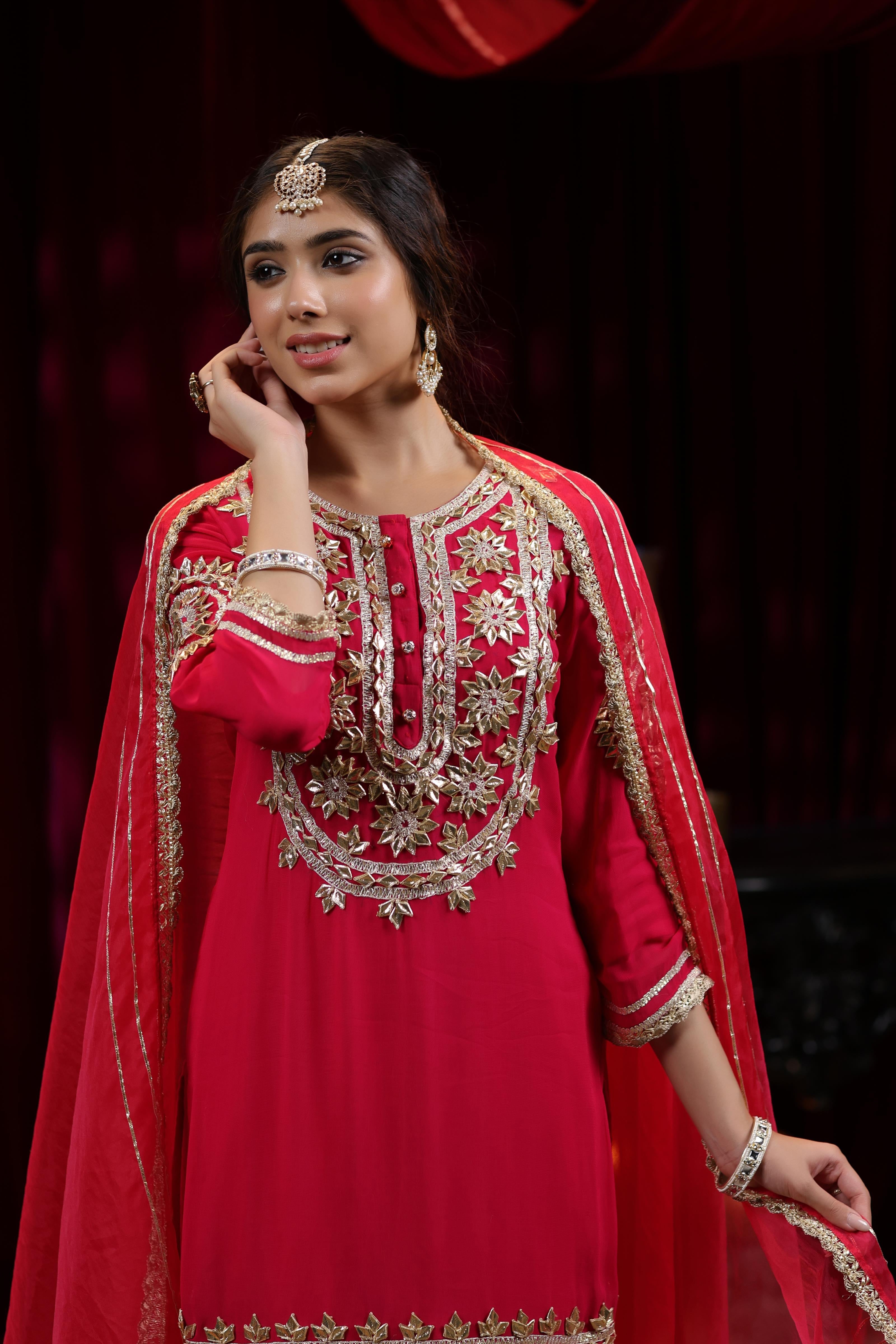 Fuchsia Georgette Gota Work Palazzo Set