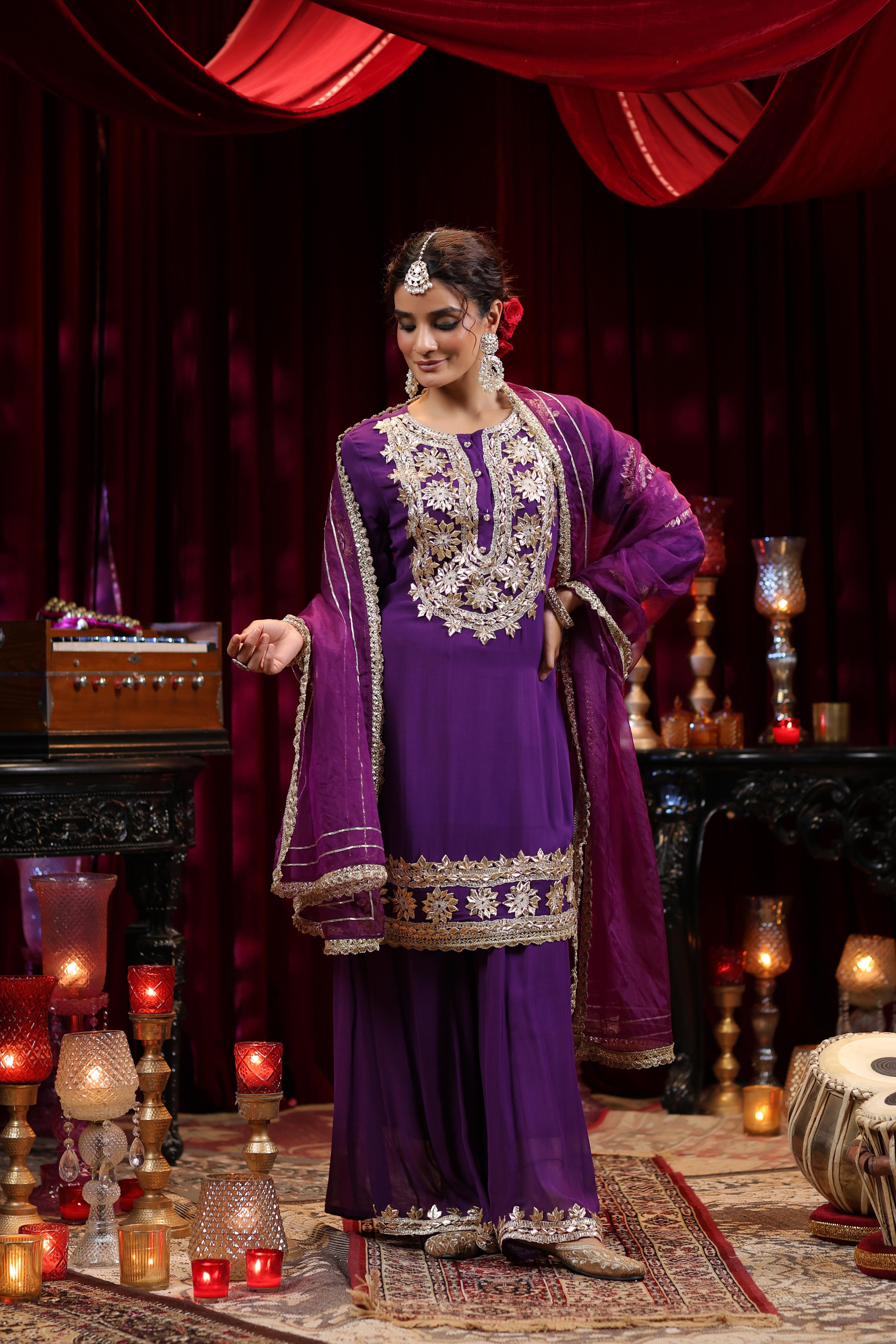 Purple Georgette Gota Work Palazzo Set