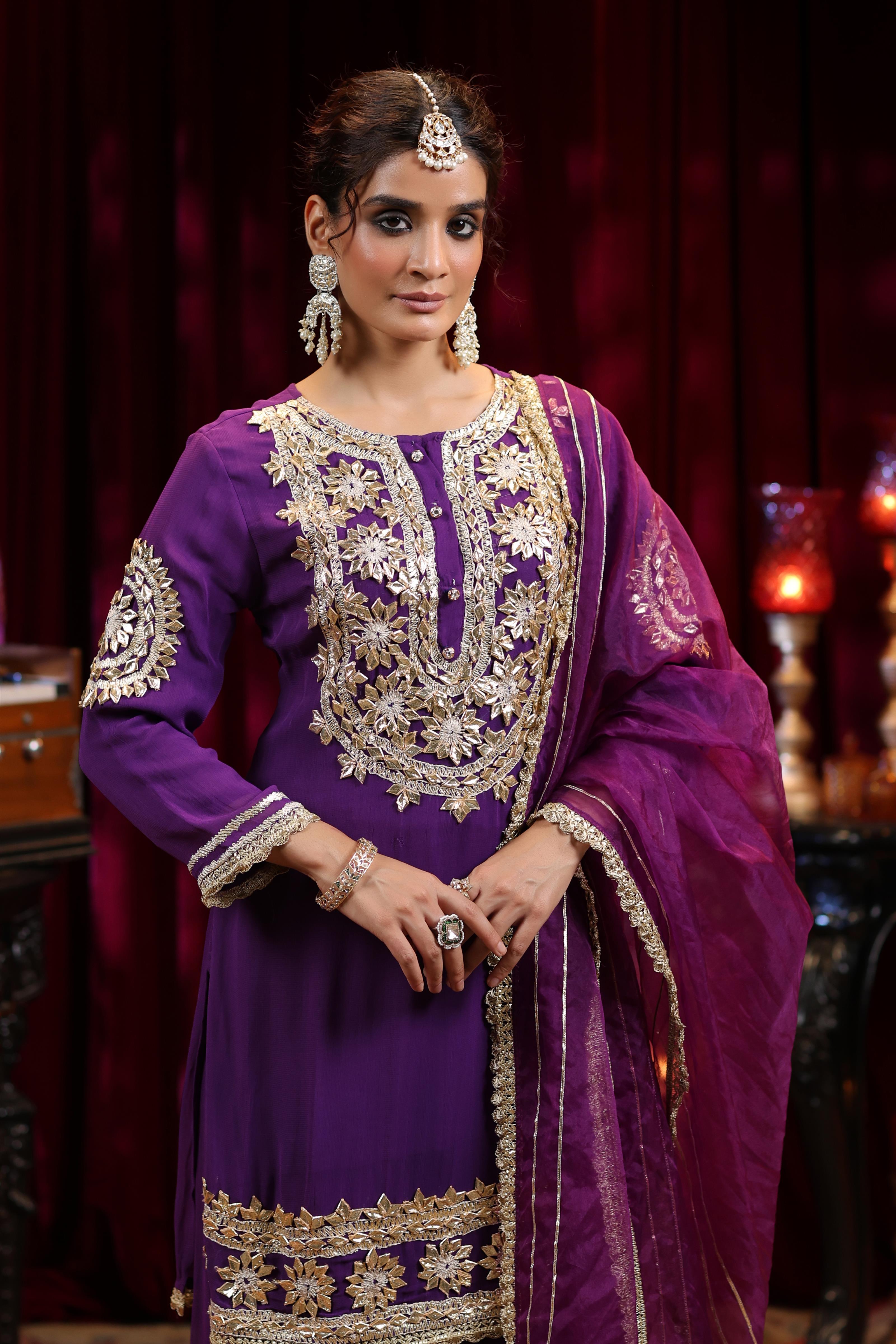 Purple Georgette Gota Work Palazzo Set