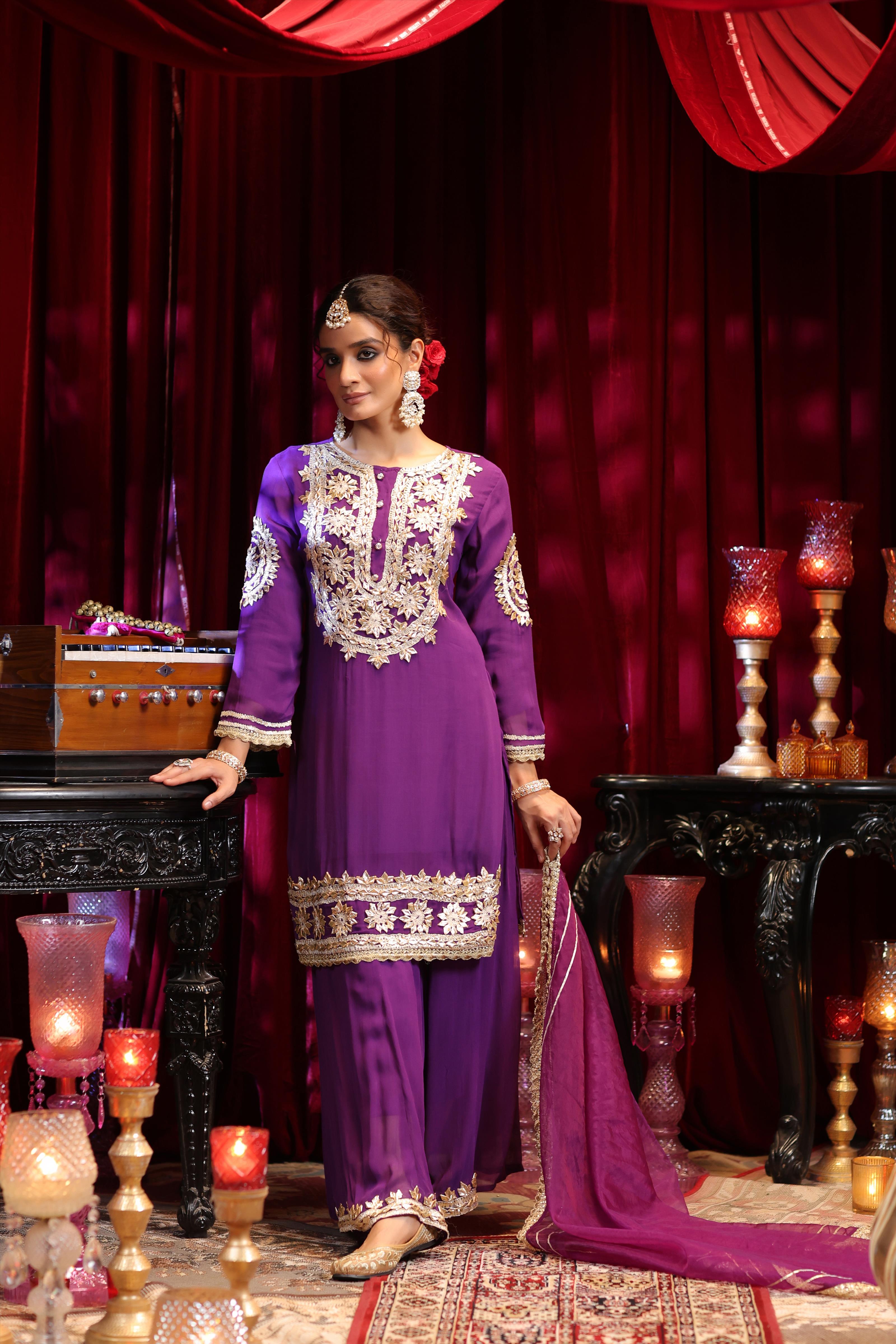 Purple Georgette Gota Work Palazzo Set