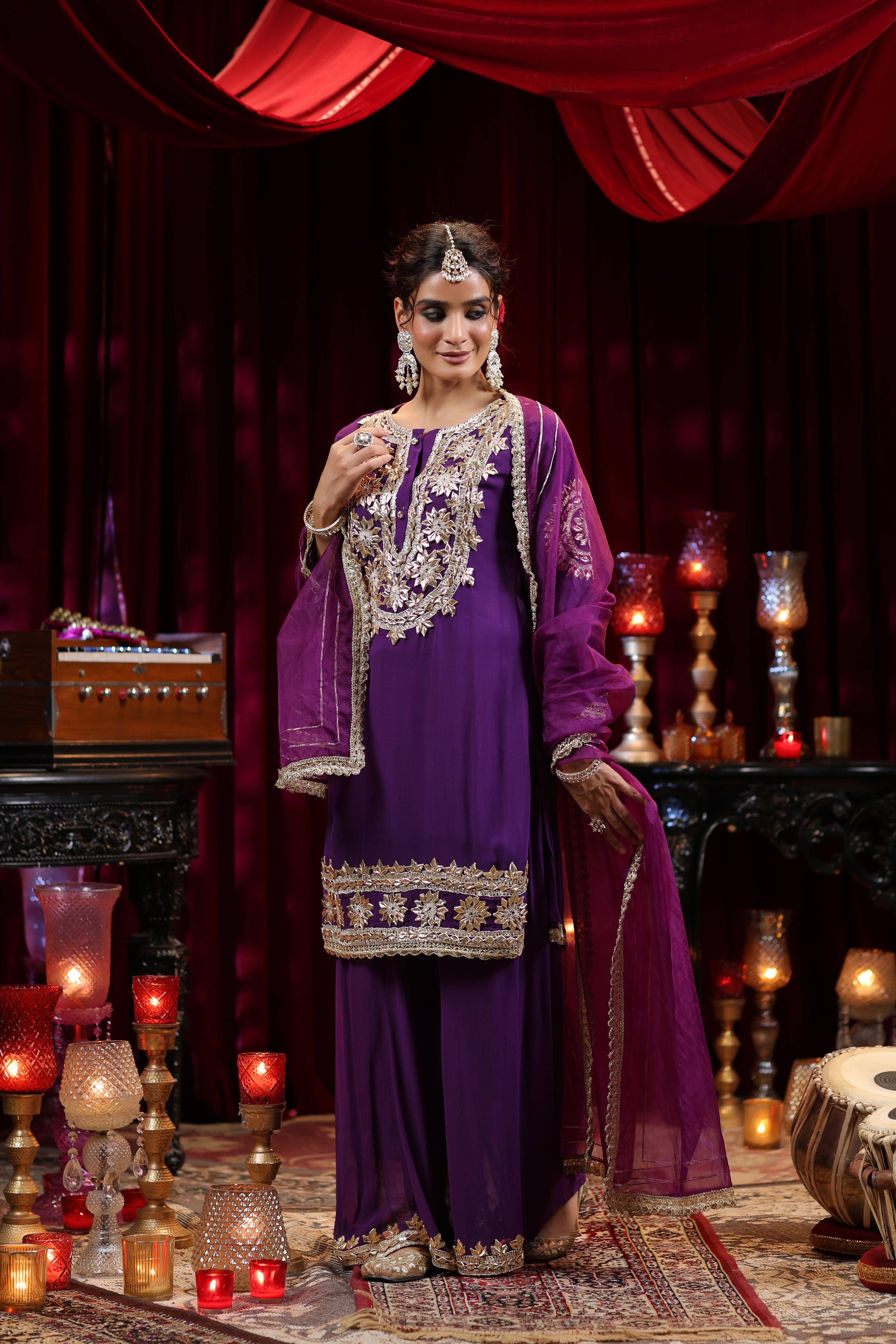 Purple Georgette Gota Work Palazzo Set