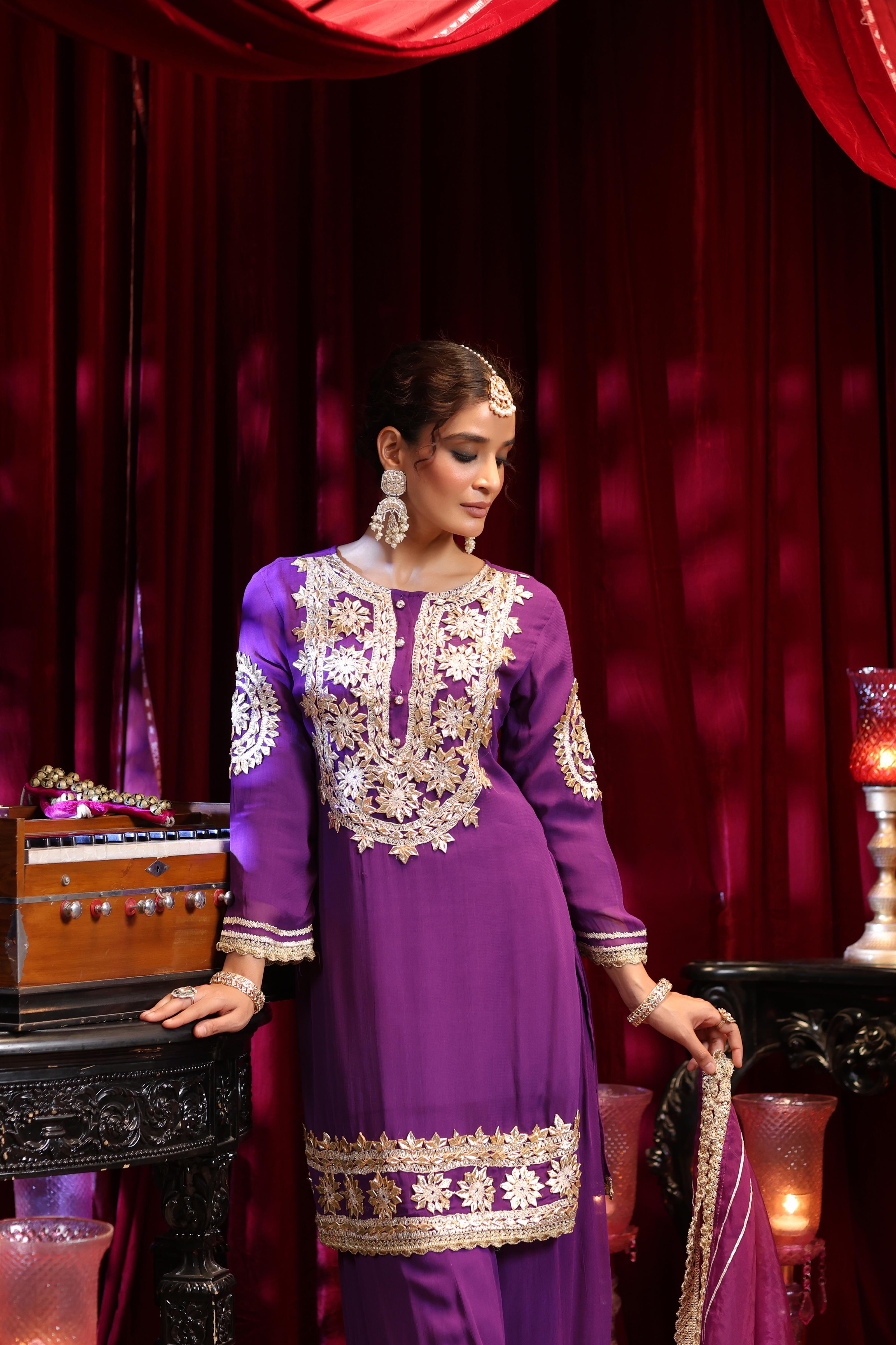 Purple Georgette Gota Work Palazzo Set