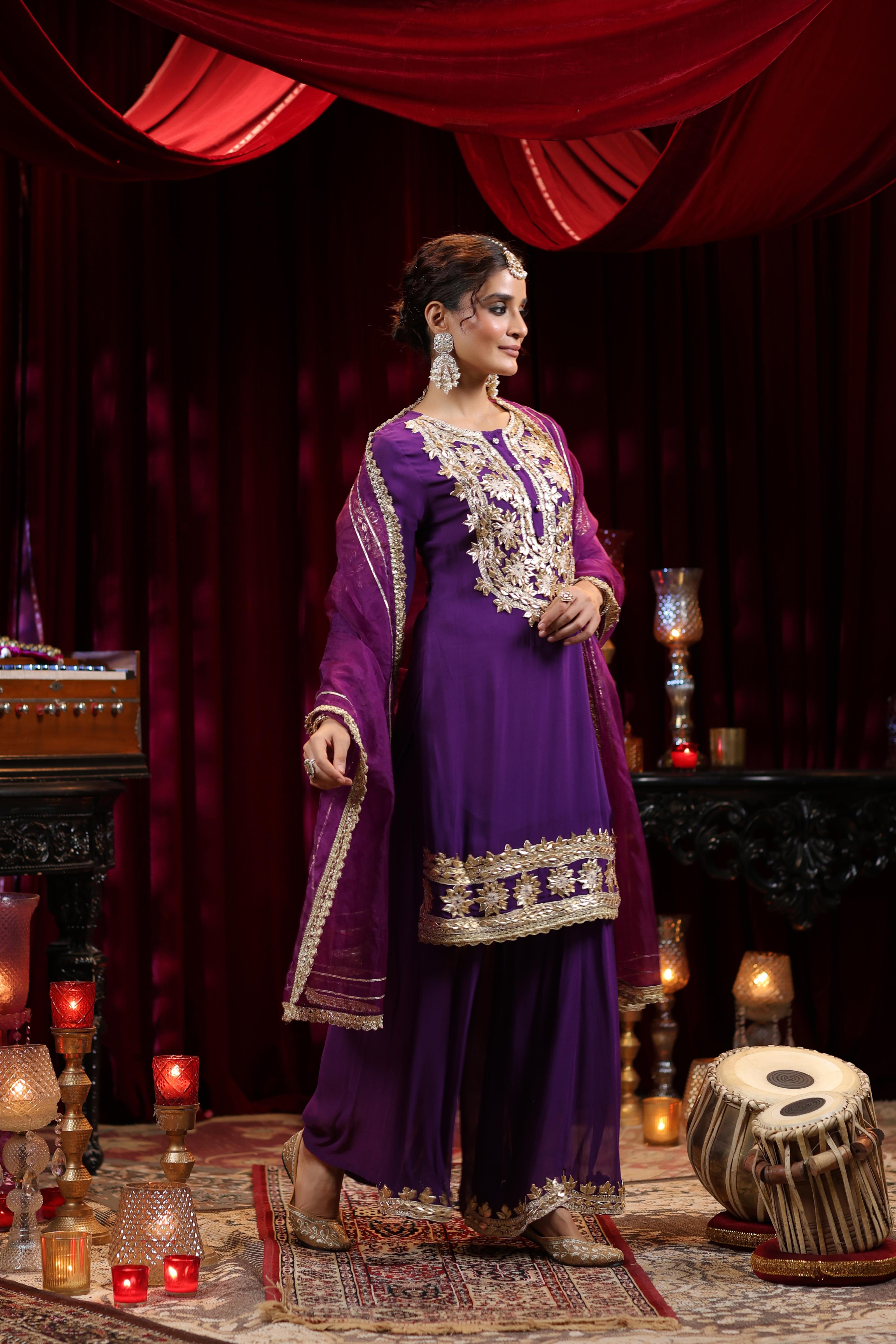 Purple Georgette Gota Work Palazzo Set