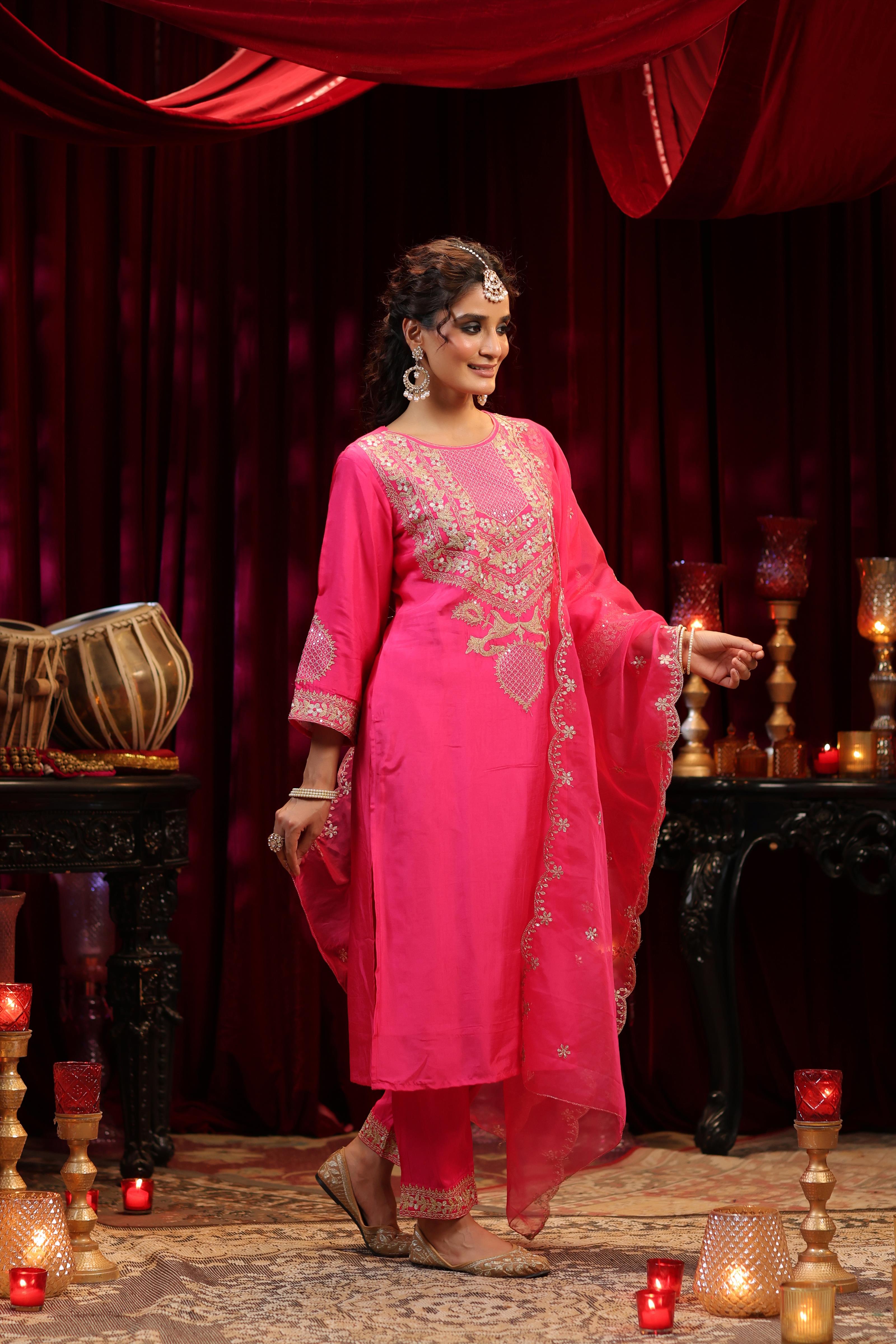 Pink Dupion Silk Dori-Zari Embroidered Suit Set