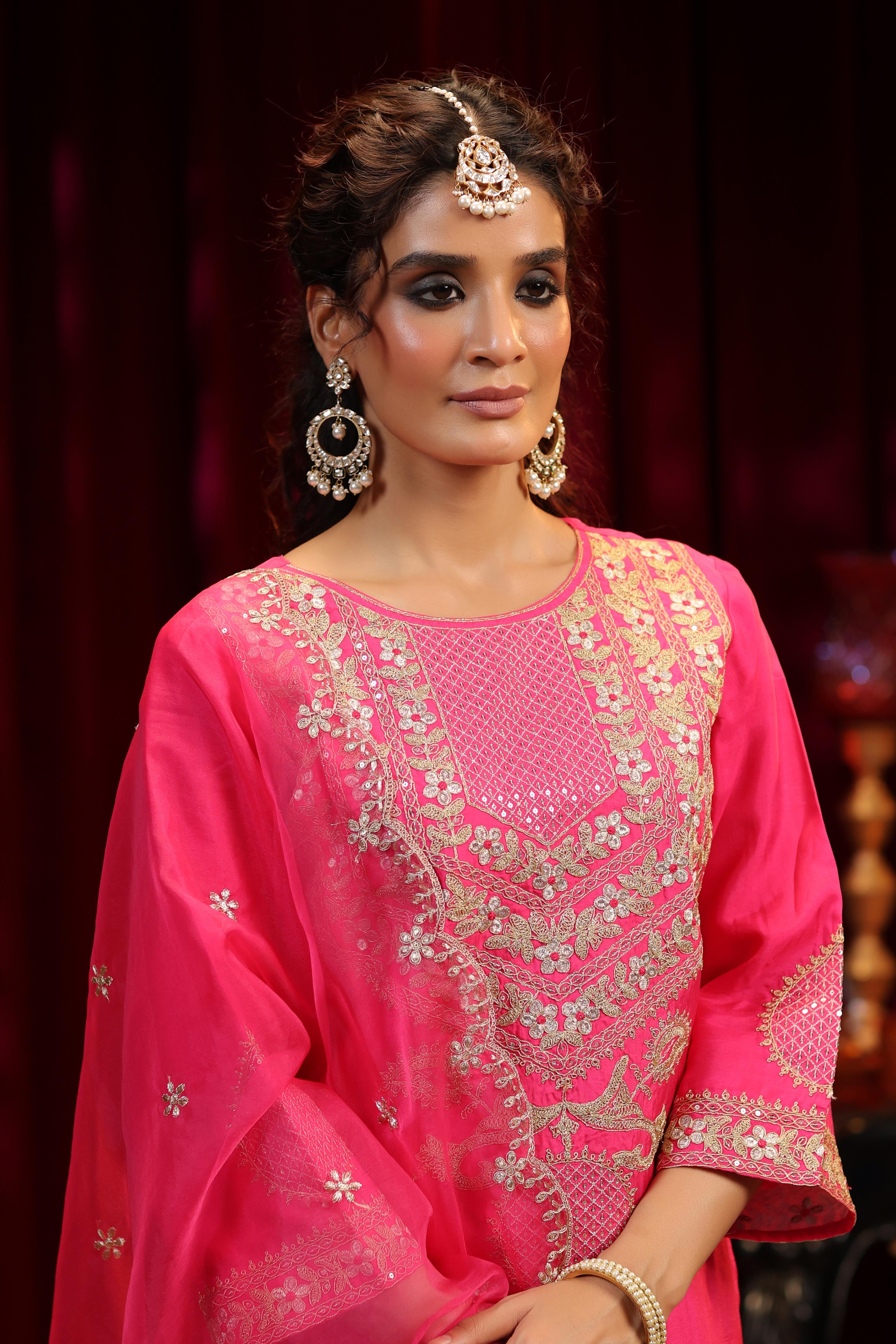 Pink Dupion Silk Dori-Zari Embroidered Suit Set