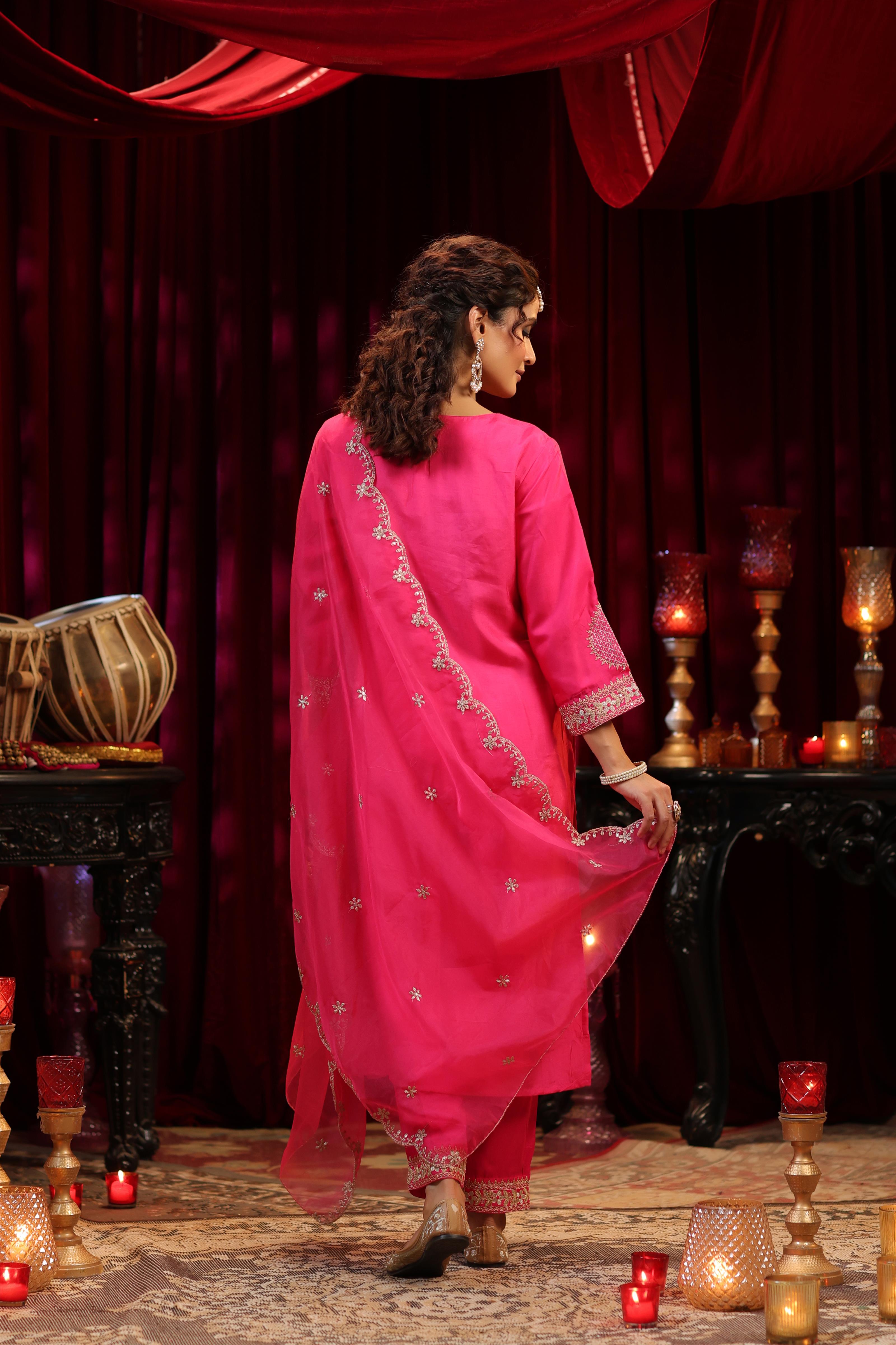 Pink Dupion Silk Dori-Zari Embroidered Suit Set