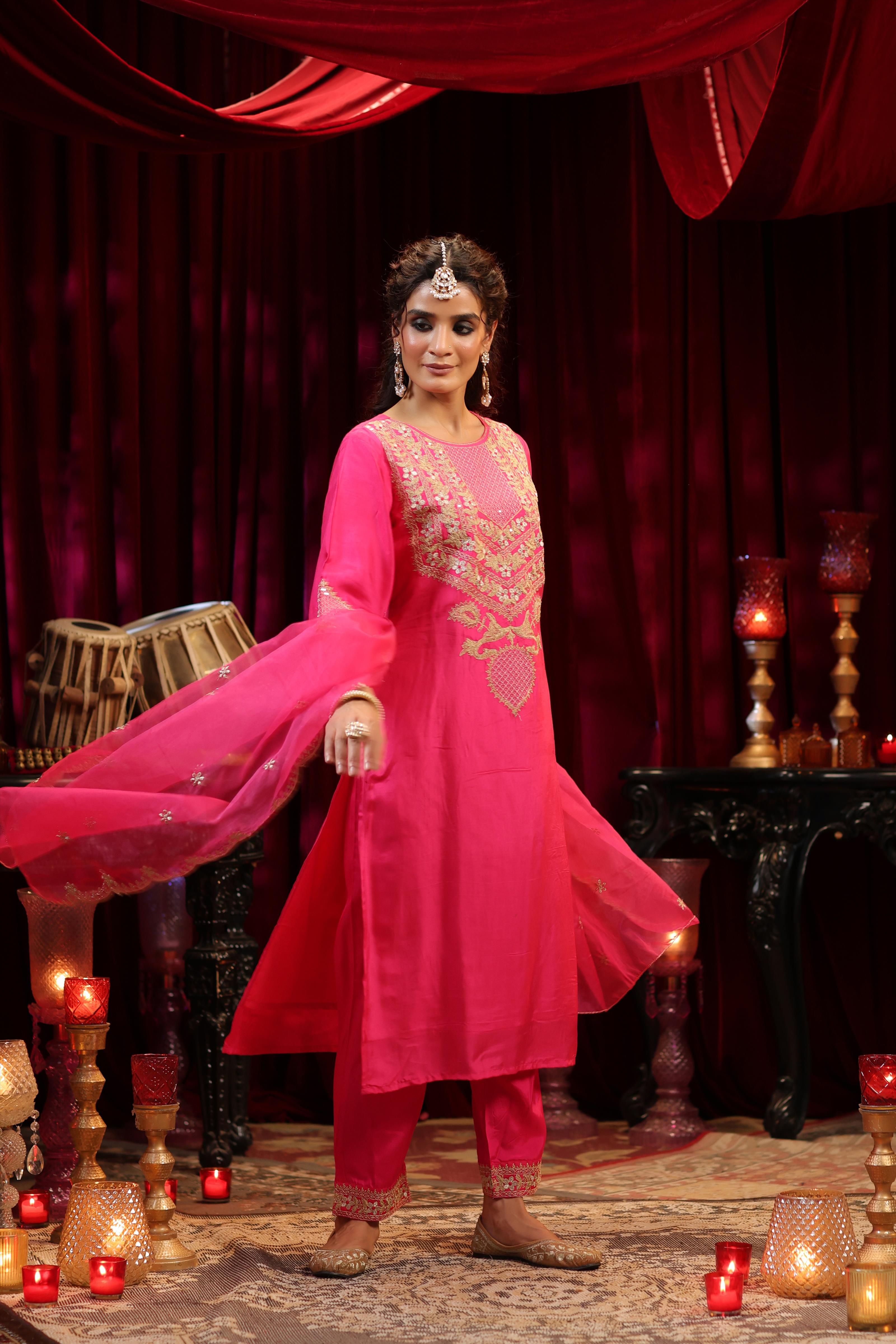 Pink Dupion Silk Dori-Zari Embroidered Suit Set