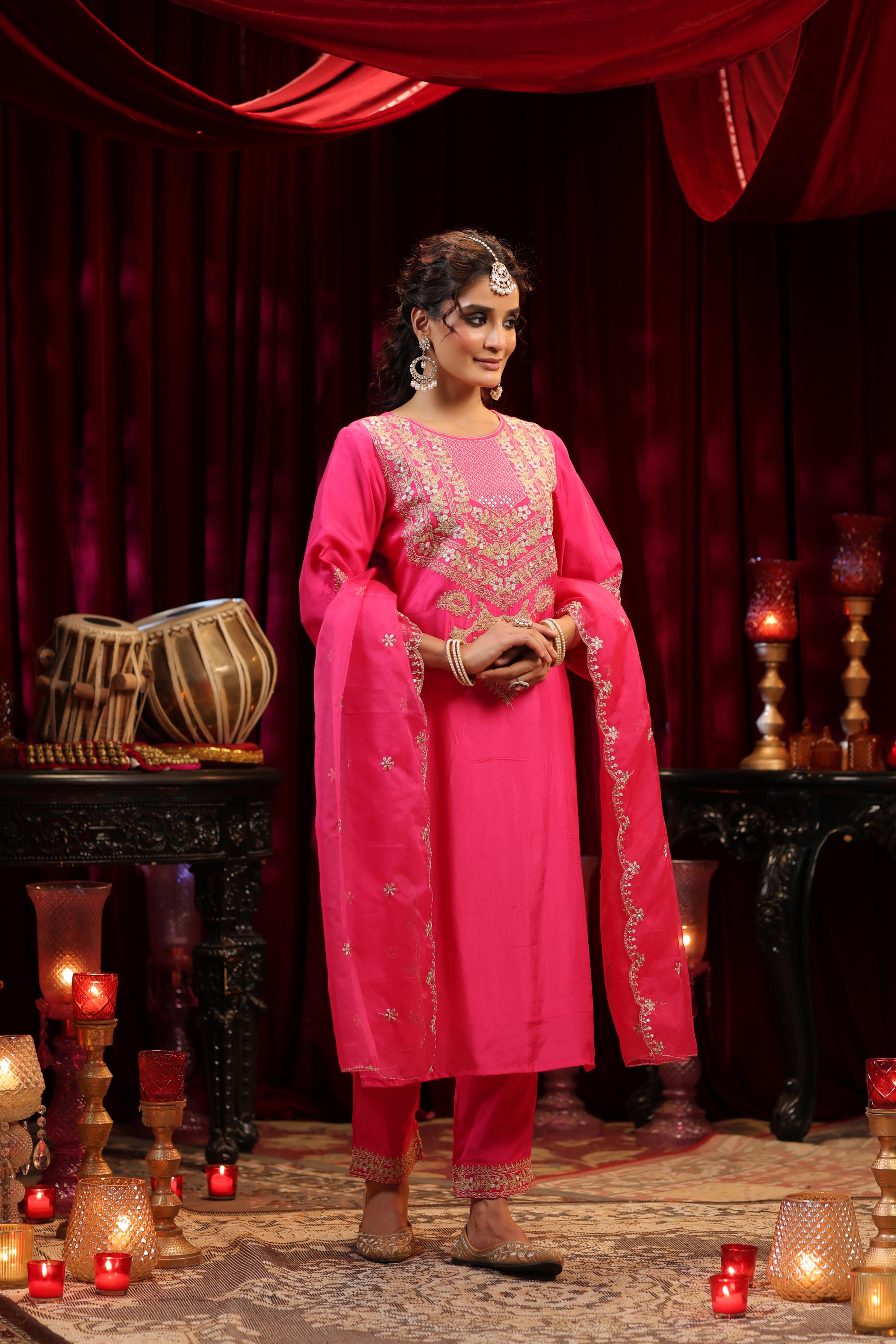 Pink Dupion Silk Dori-Zari Embroidered Suit Set