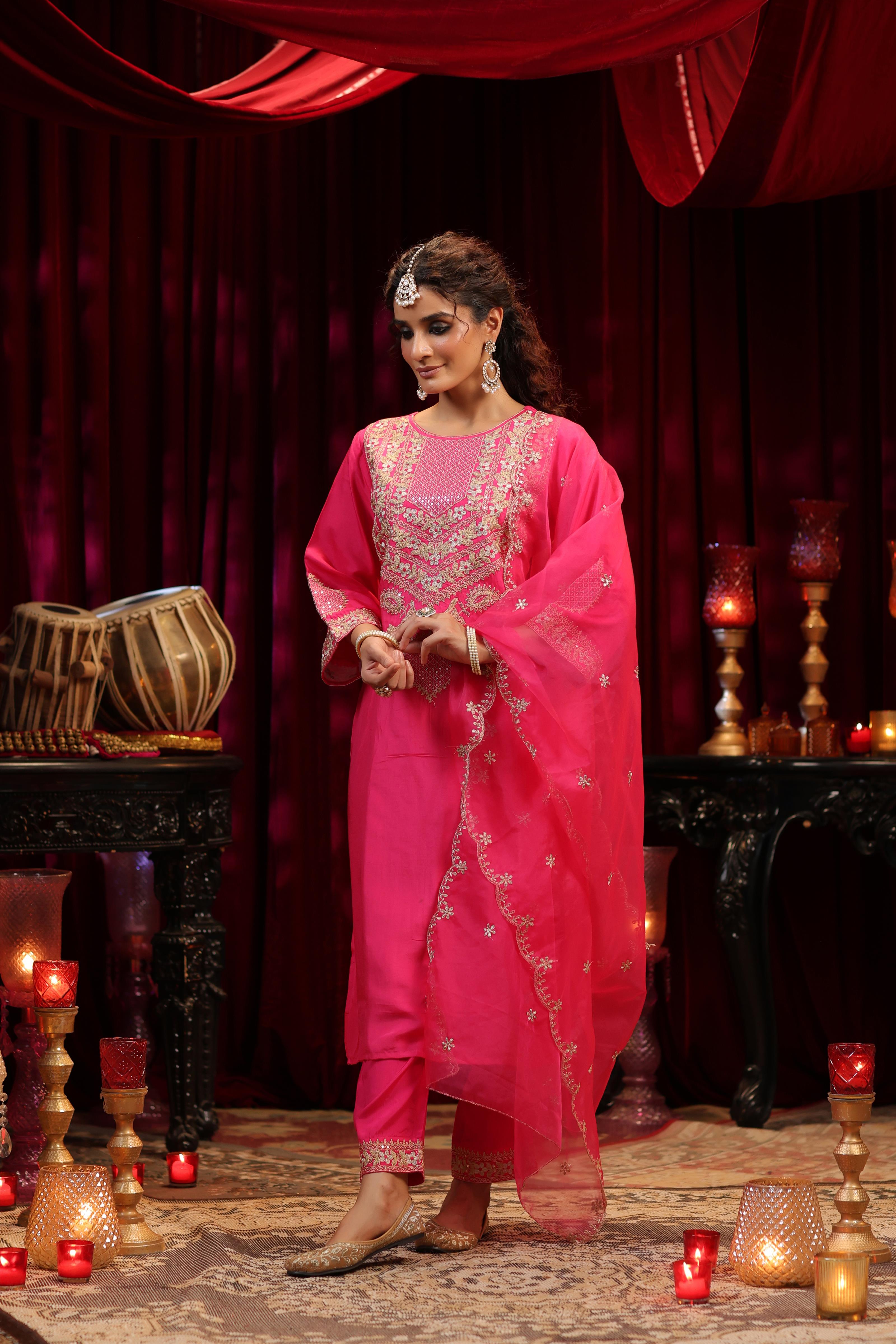 Pink Dupion Silk Dori-Zari Embroidered Suit Set