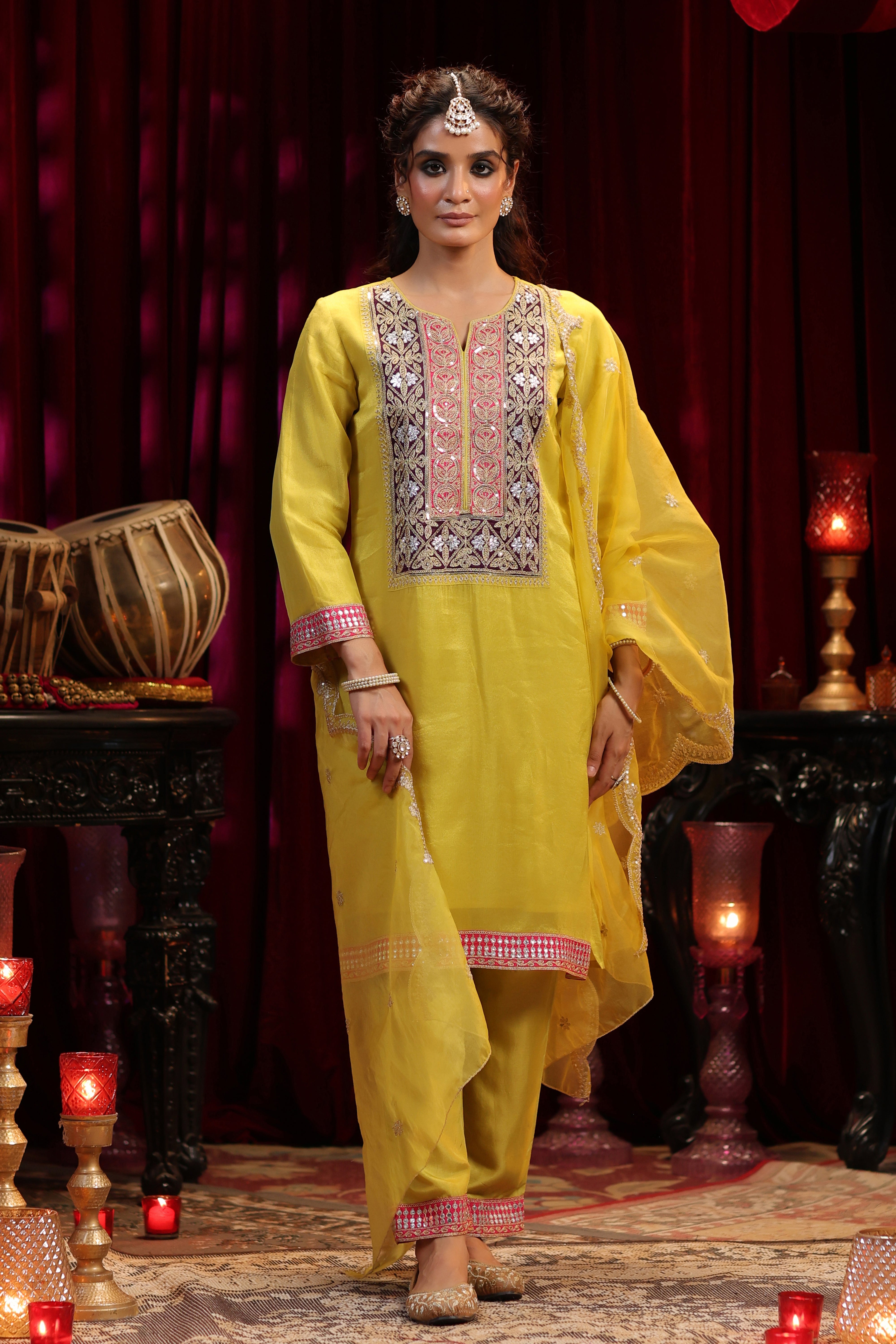 Lime Green Shimmer Organza Dori Embroidered Suit Set