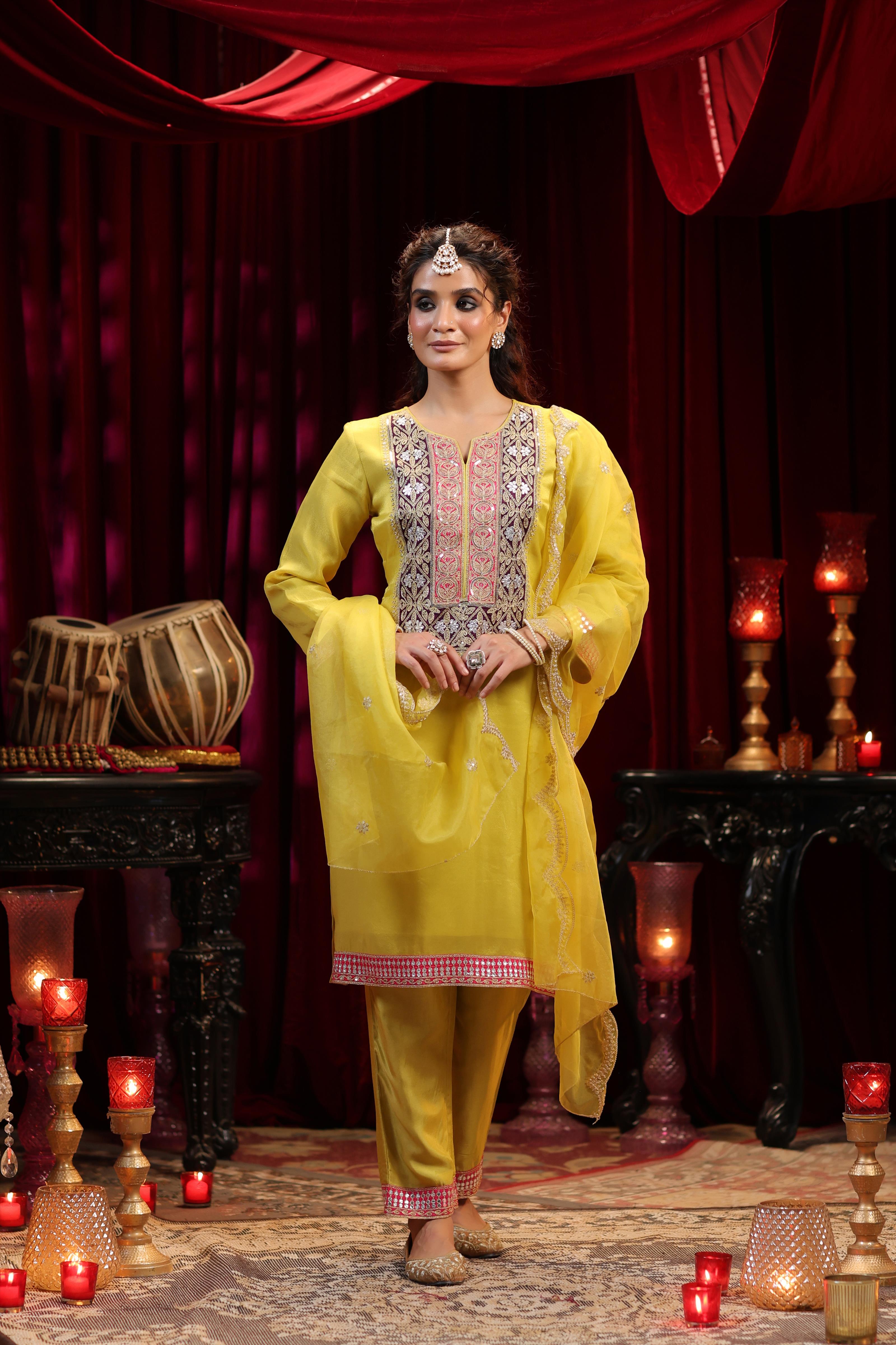 Lime Green Shimmer Organza Dori Embroidered Suit Set