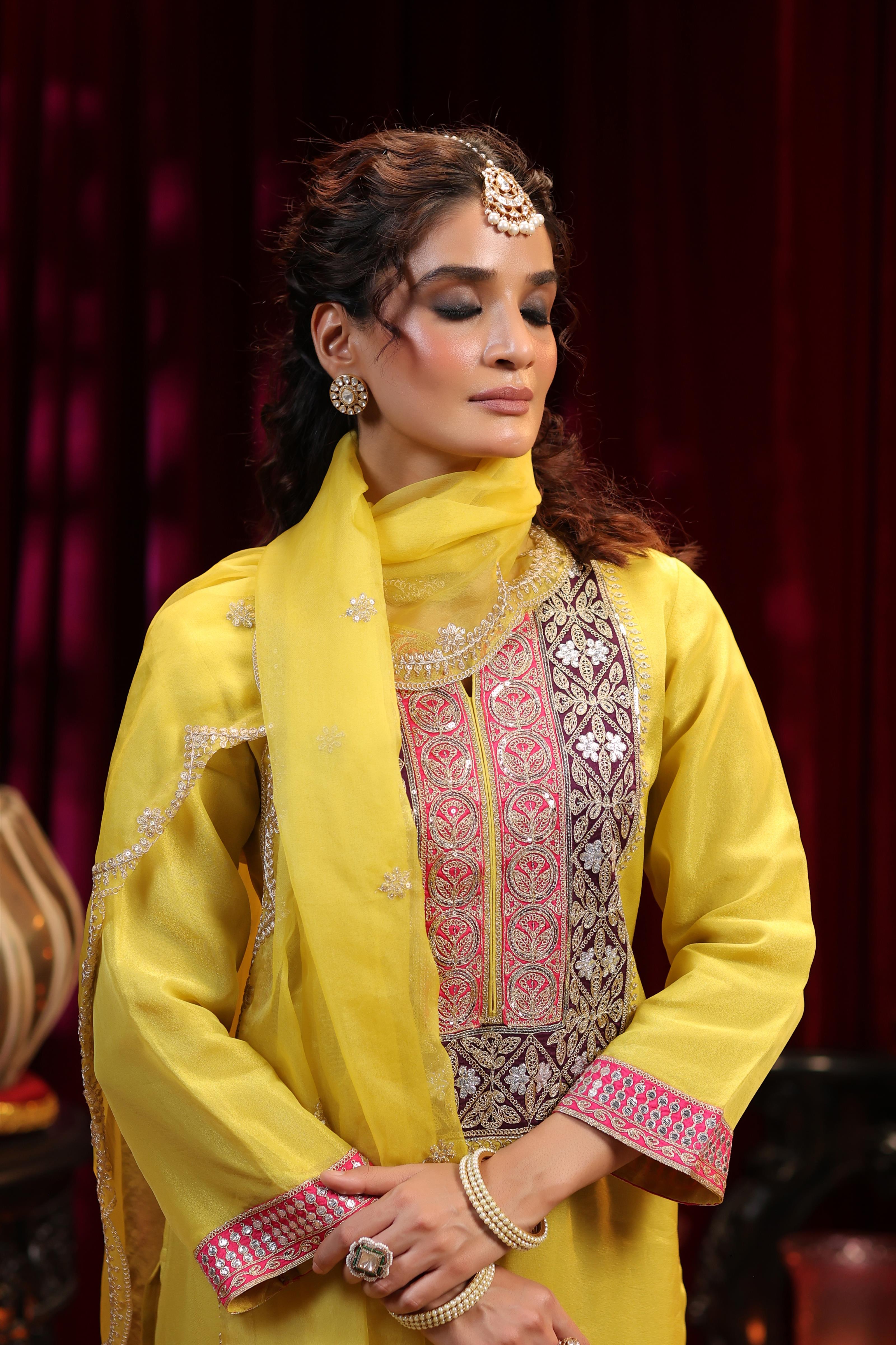 Lime Green Shimmer Organza Dori Embroidered Suit Set