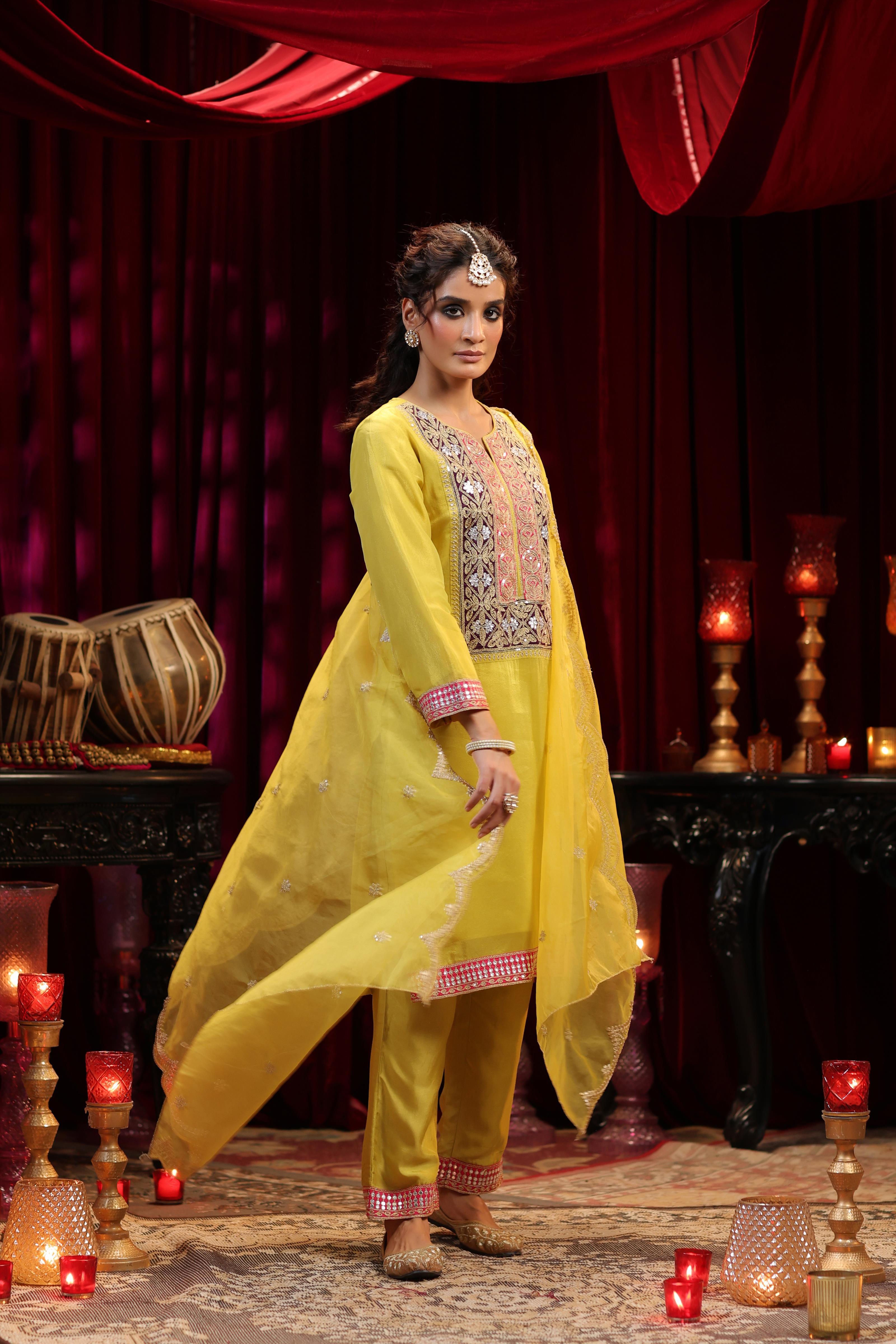 Lime Green Shimmer Organza Dori Embroidered Suit Set