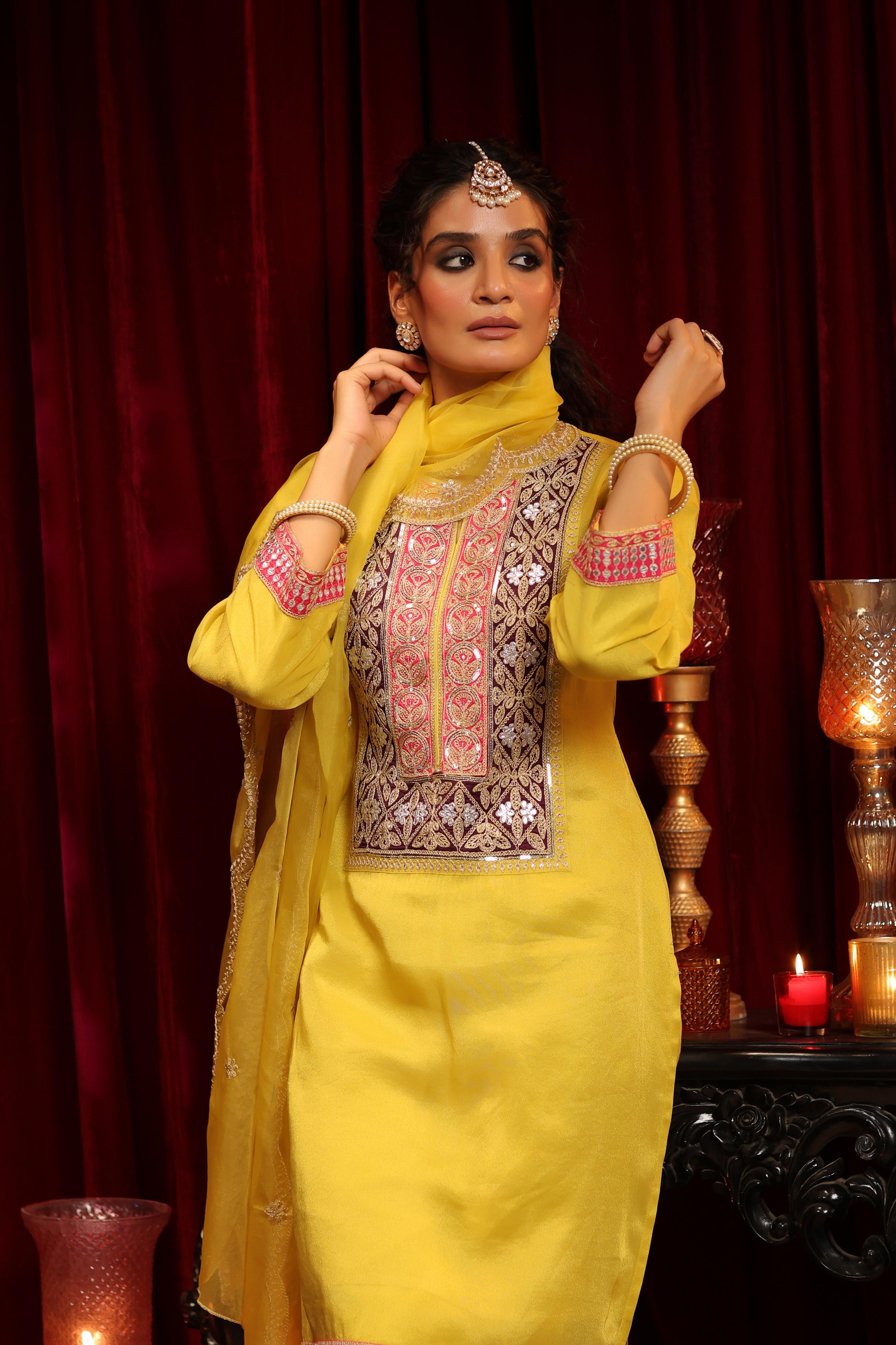 Lime Green Shimmer Organza Dori Embroidered Suit Set