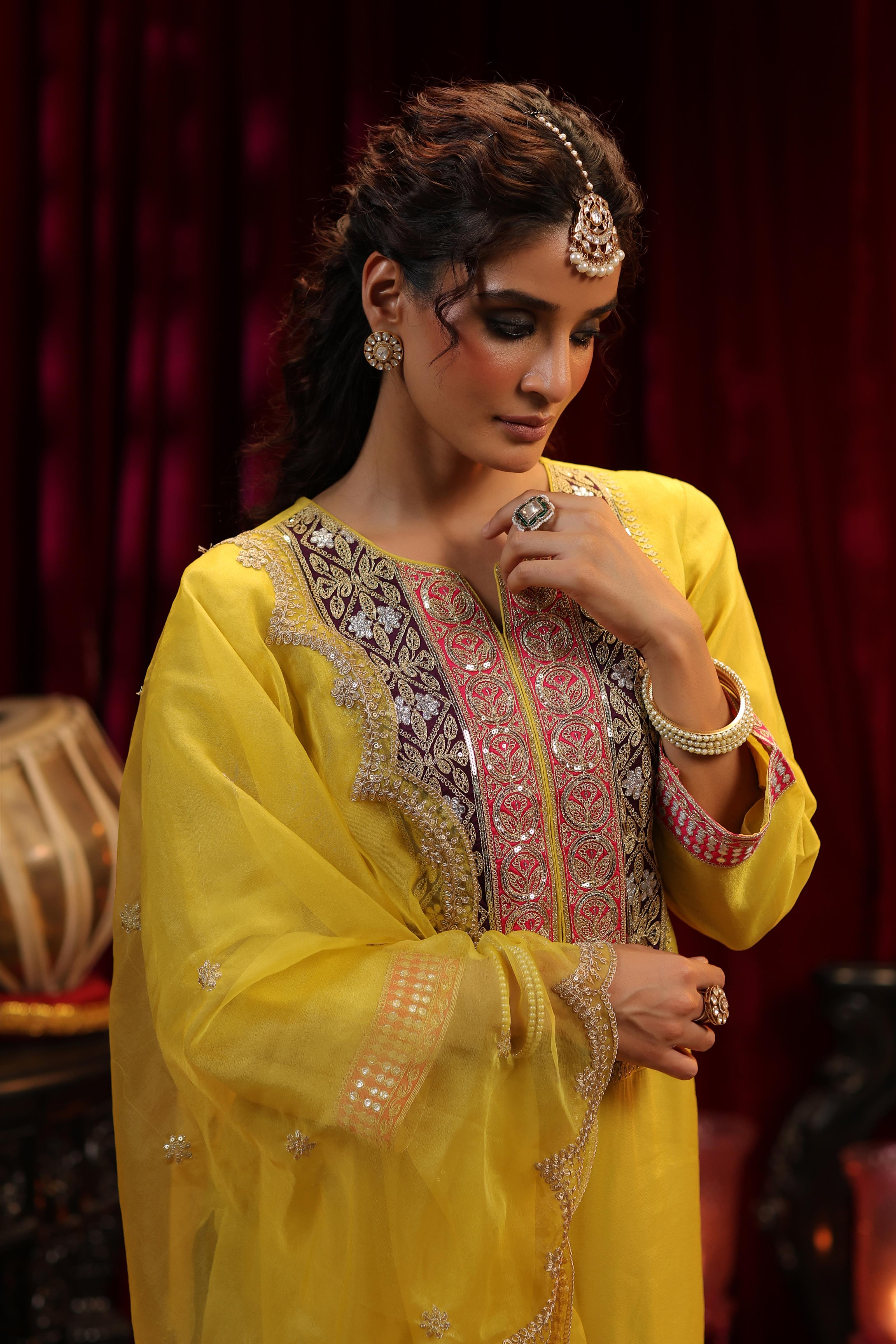 Lime Green Shimmer Organza Dori Embroidered Suit Set