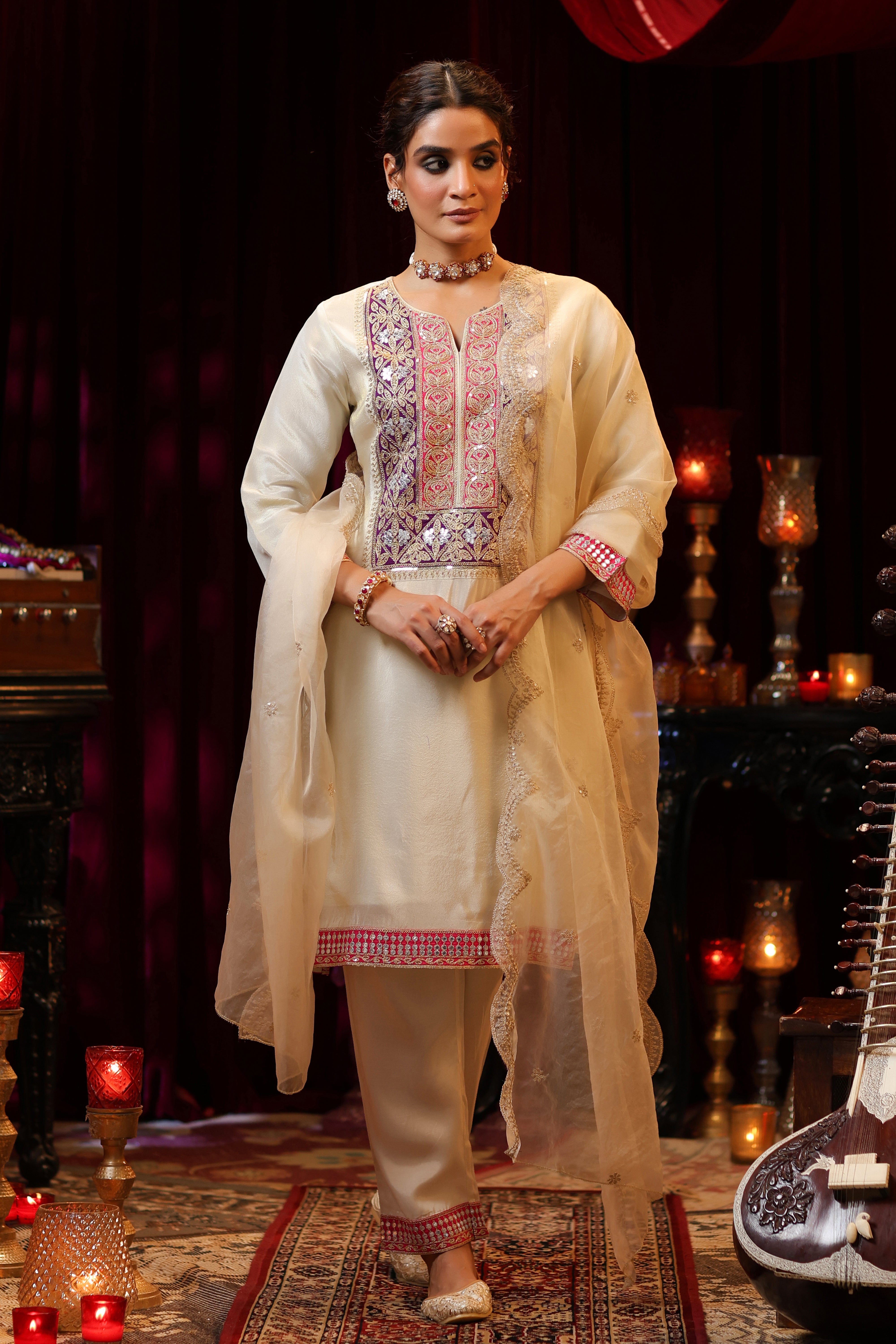 Ivory Shimmer Organza Dori Embroidered Suit Set