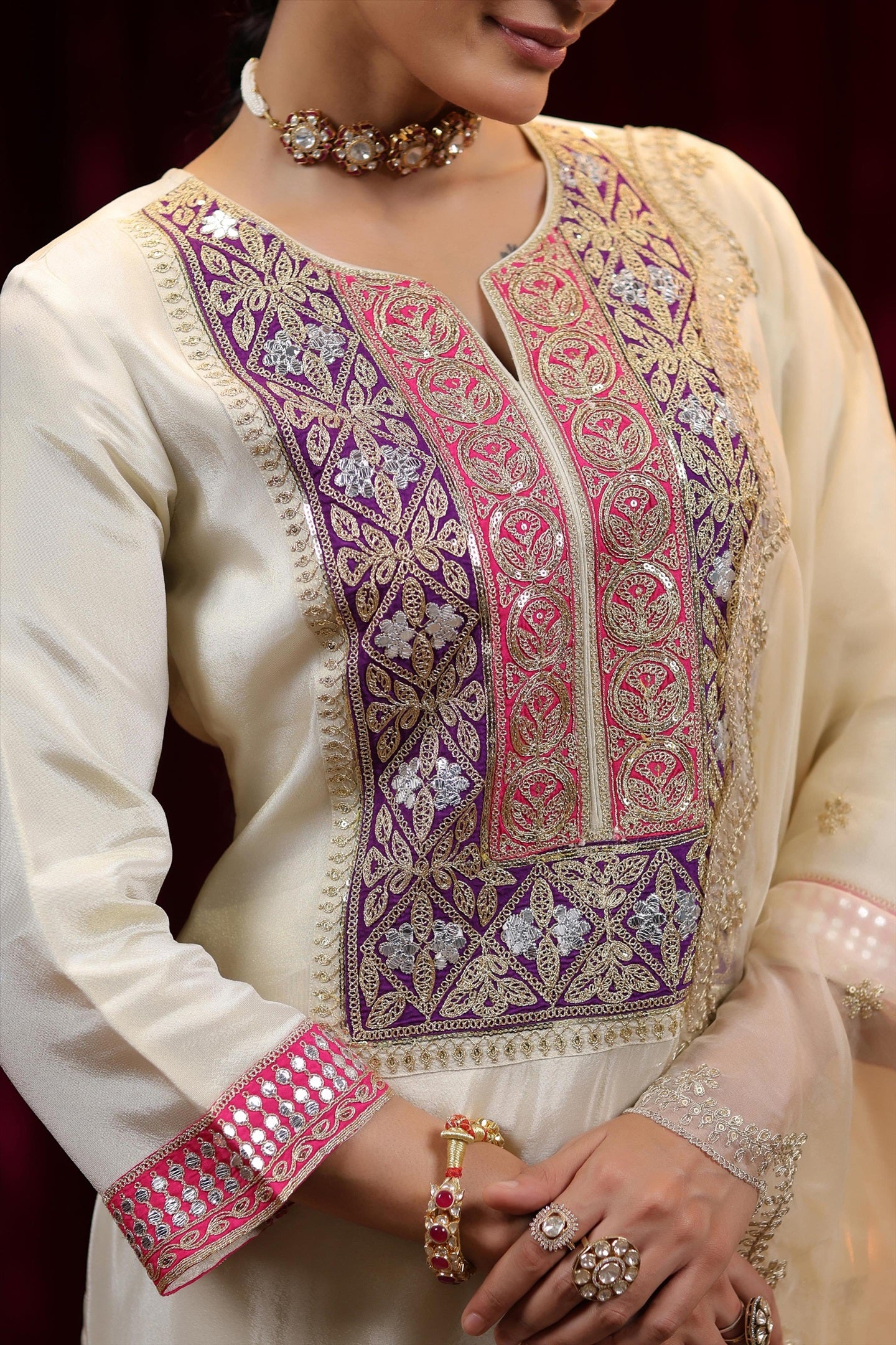 Ivory Shimmer Organza Dori Embroidered Suit Set