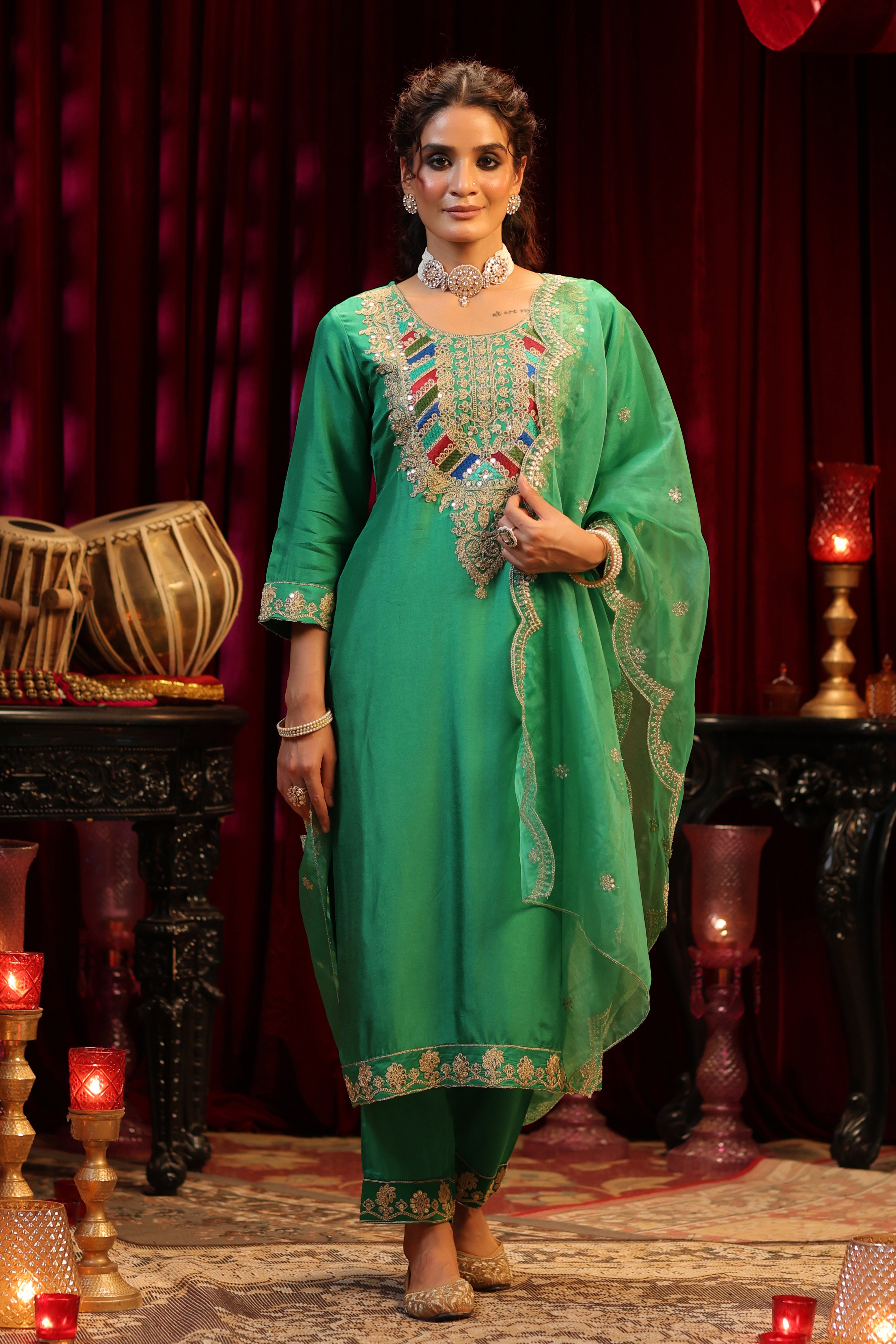 Green Dupion Silk Dori & Sequin Embroidered Suit Set