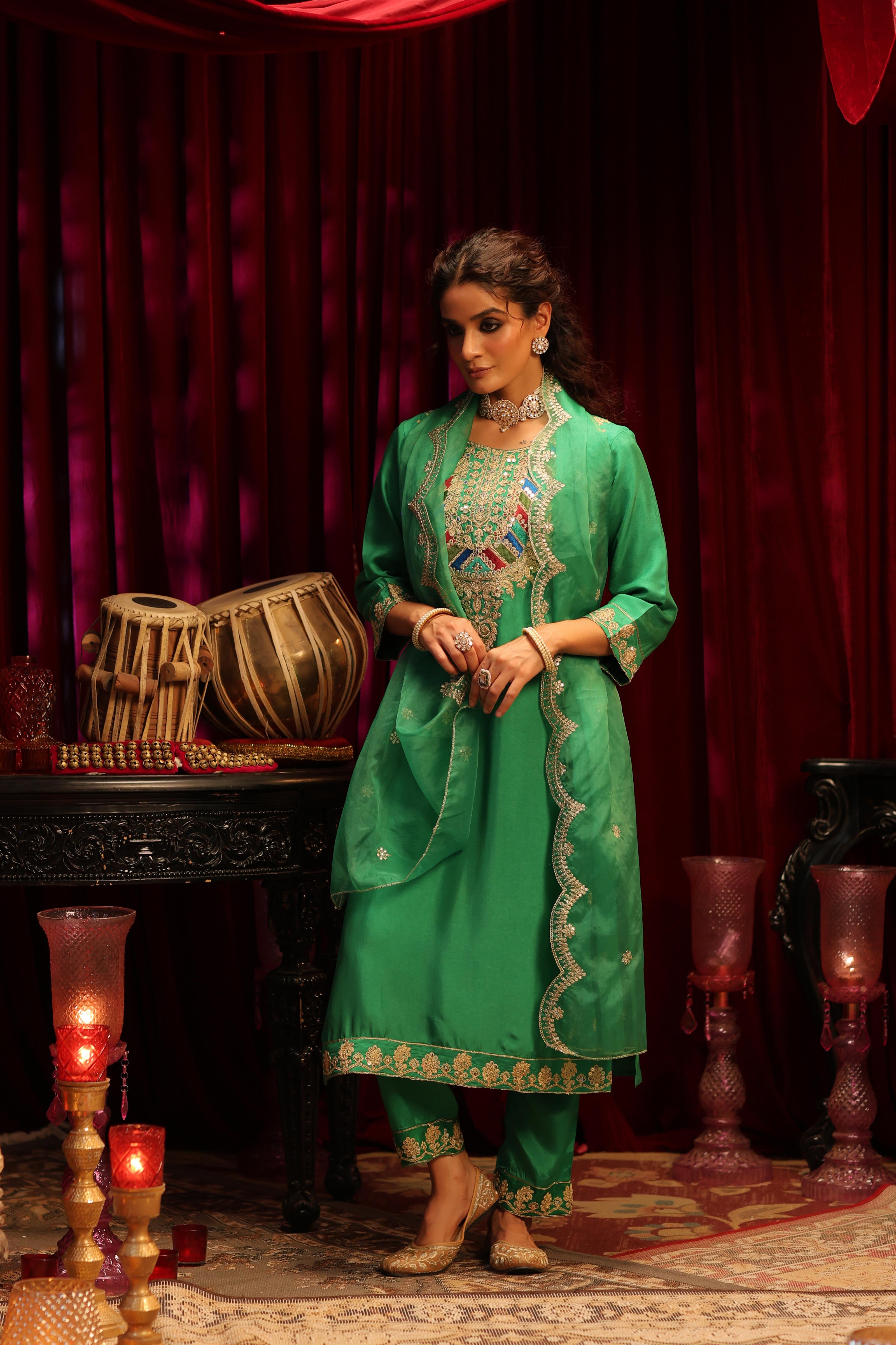 Green Dupion Silk Dori & Sequin Embroidered Suit Set