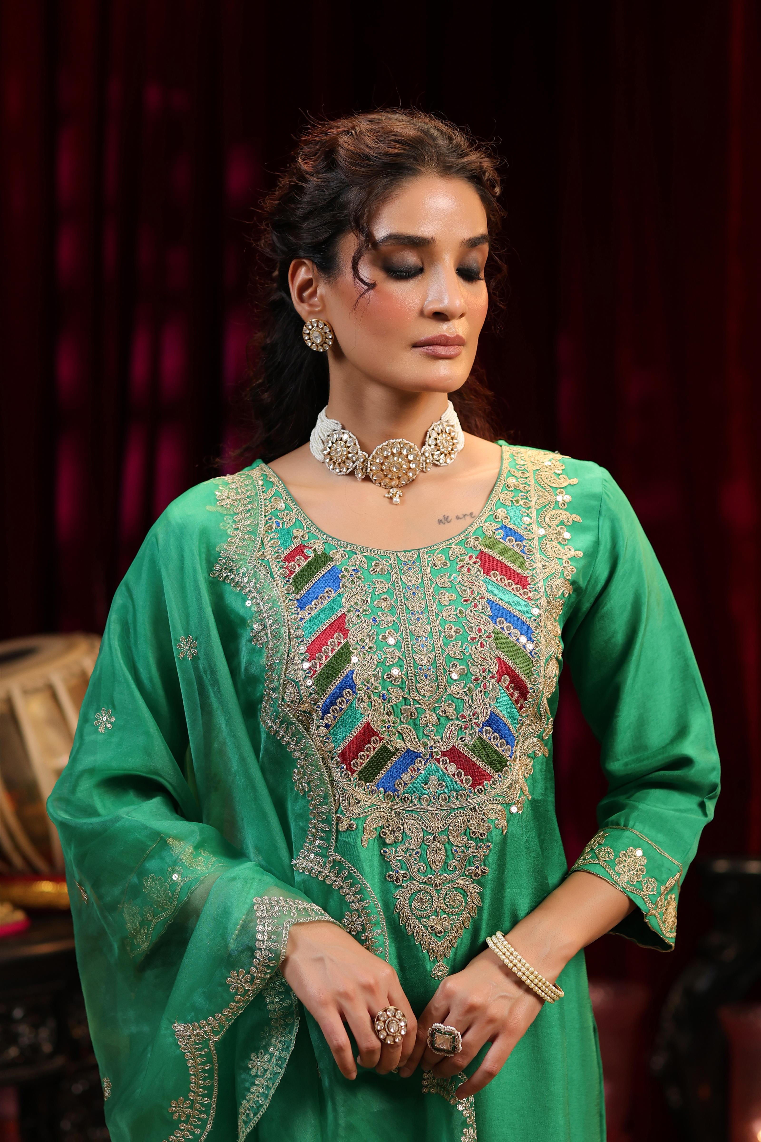 Green Dupion Silk Dori & Sequin Embroidered Suit Set