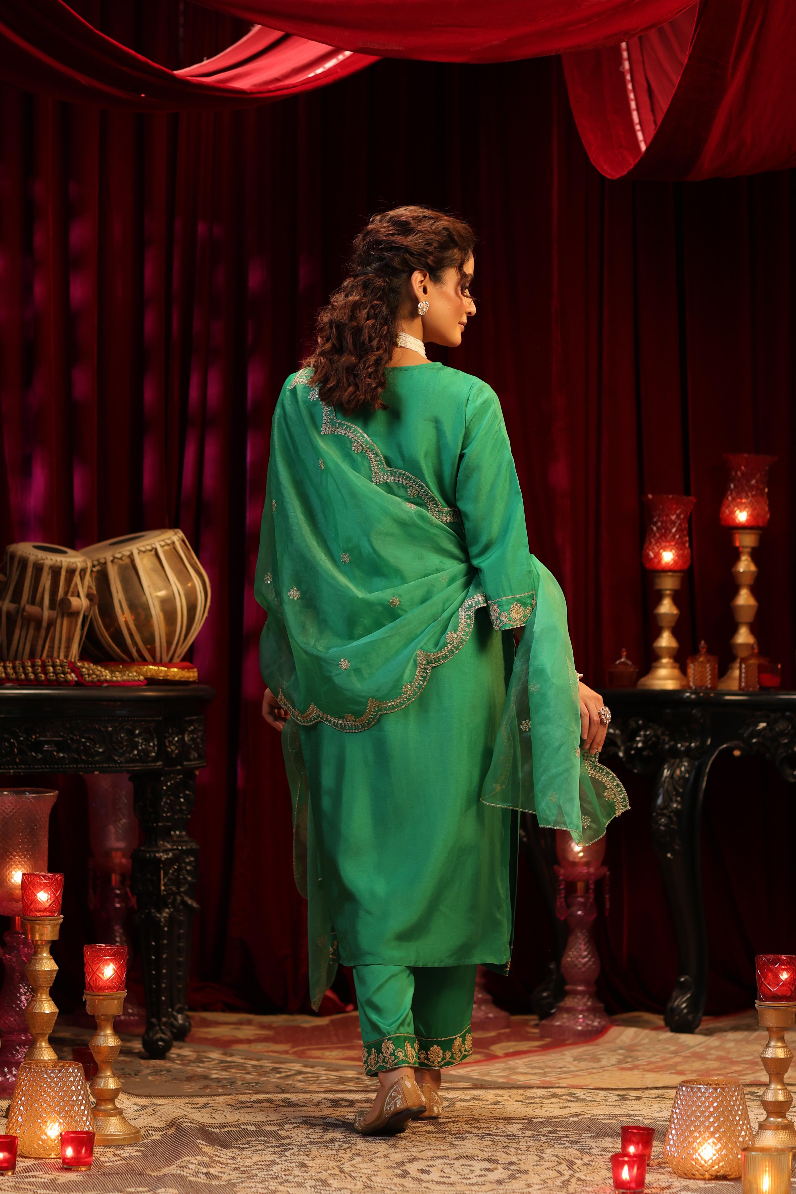 Green Dupion Silk Dori & Sequin Embroidered Suit Set