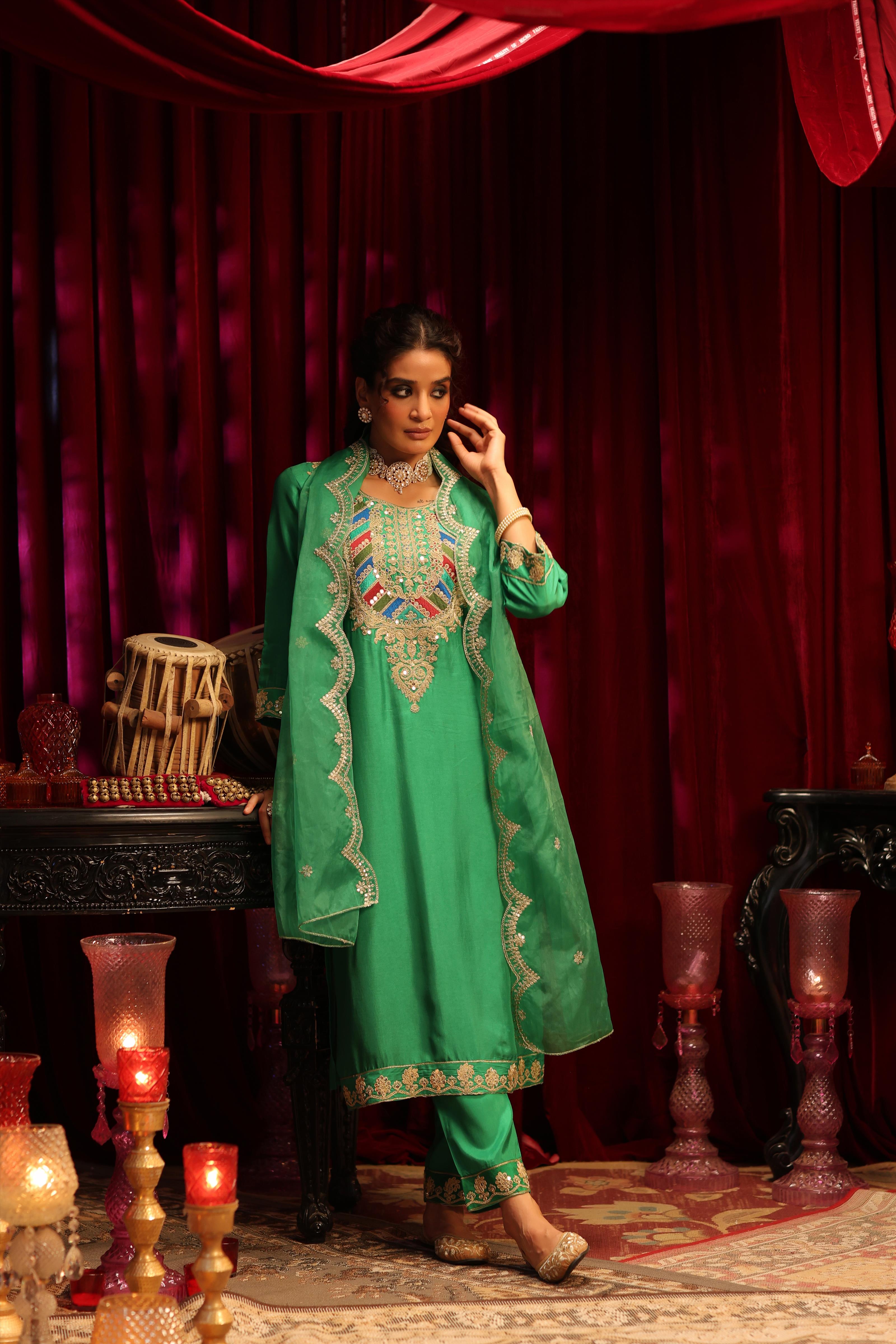 Green Dupion Silk Dori & Sequin Embroidered Suit Set