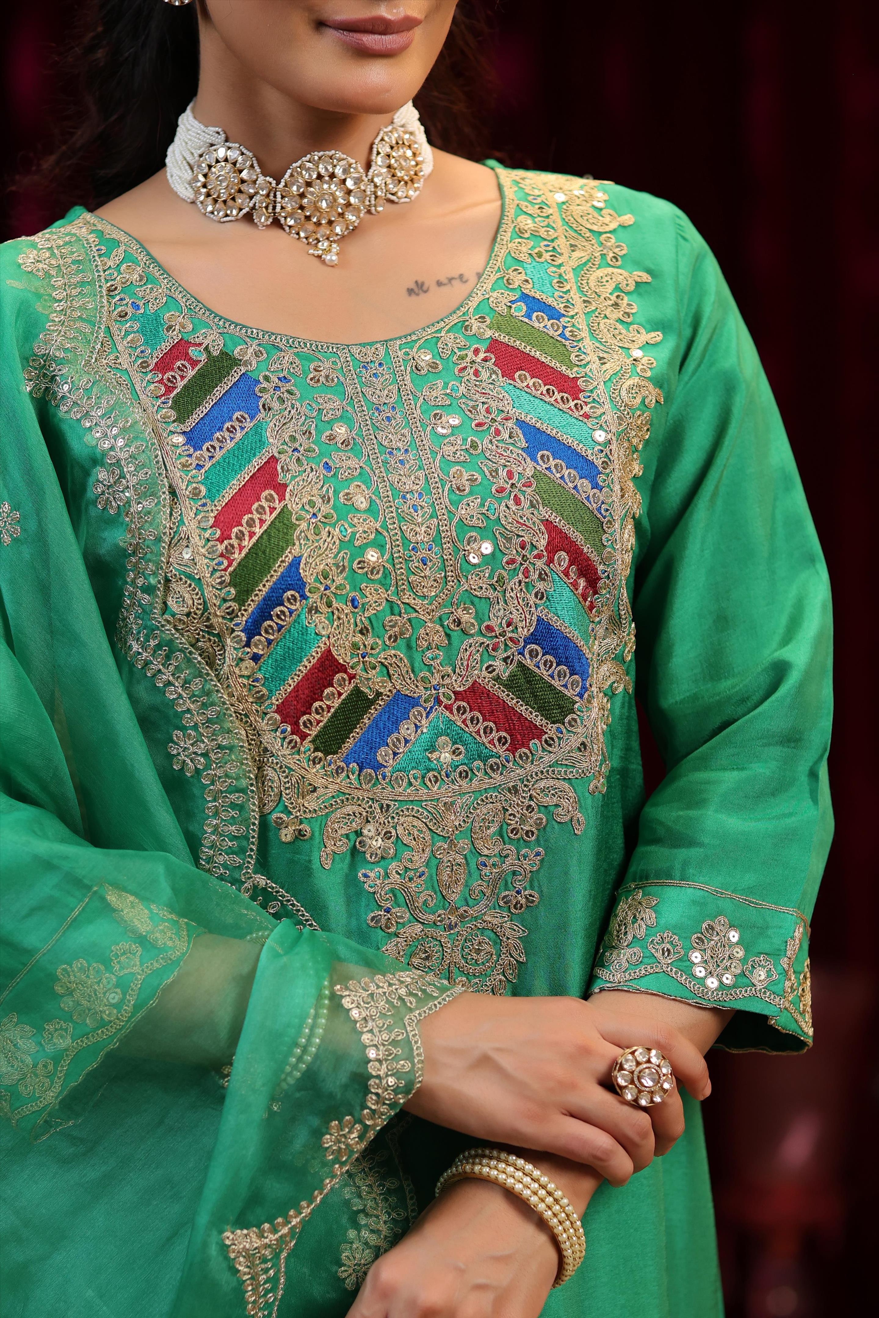 Green Dupion Silk Dori & Sequin Embroidered Suit Set