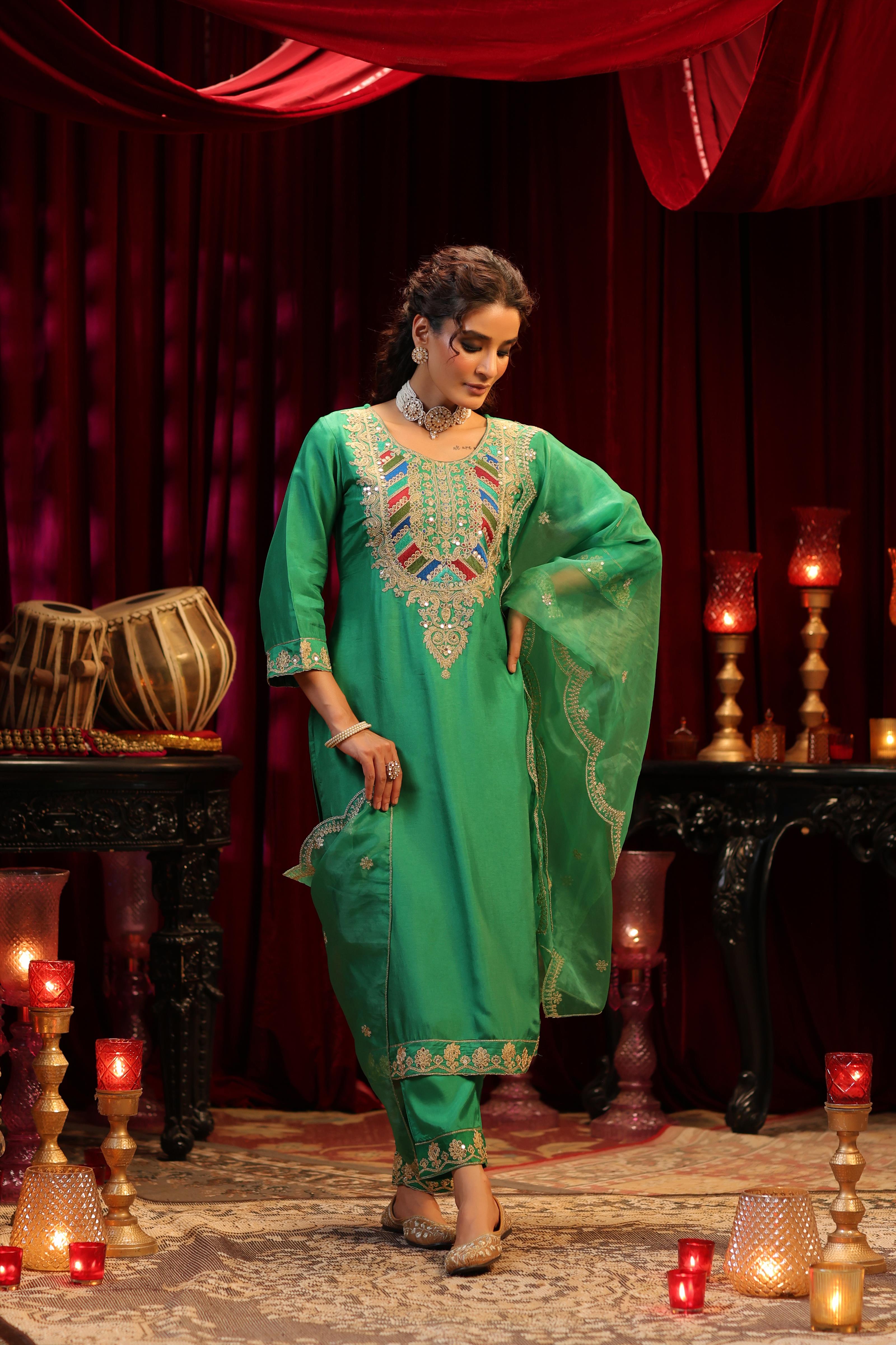 Green Dupion Silk Dori & Sequin Embroidered Suit Set