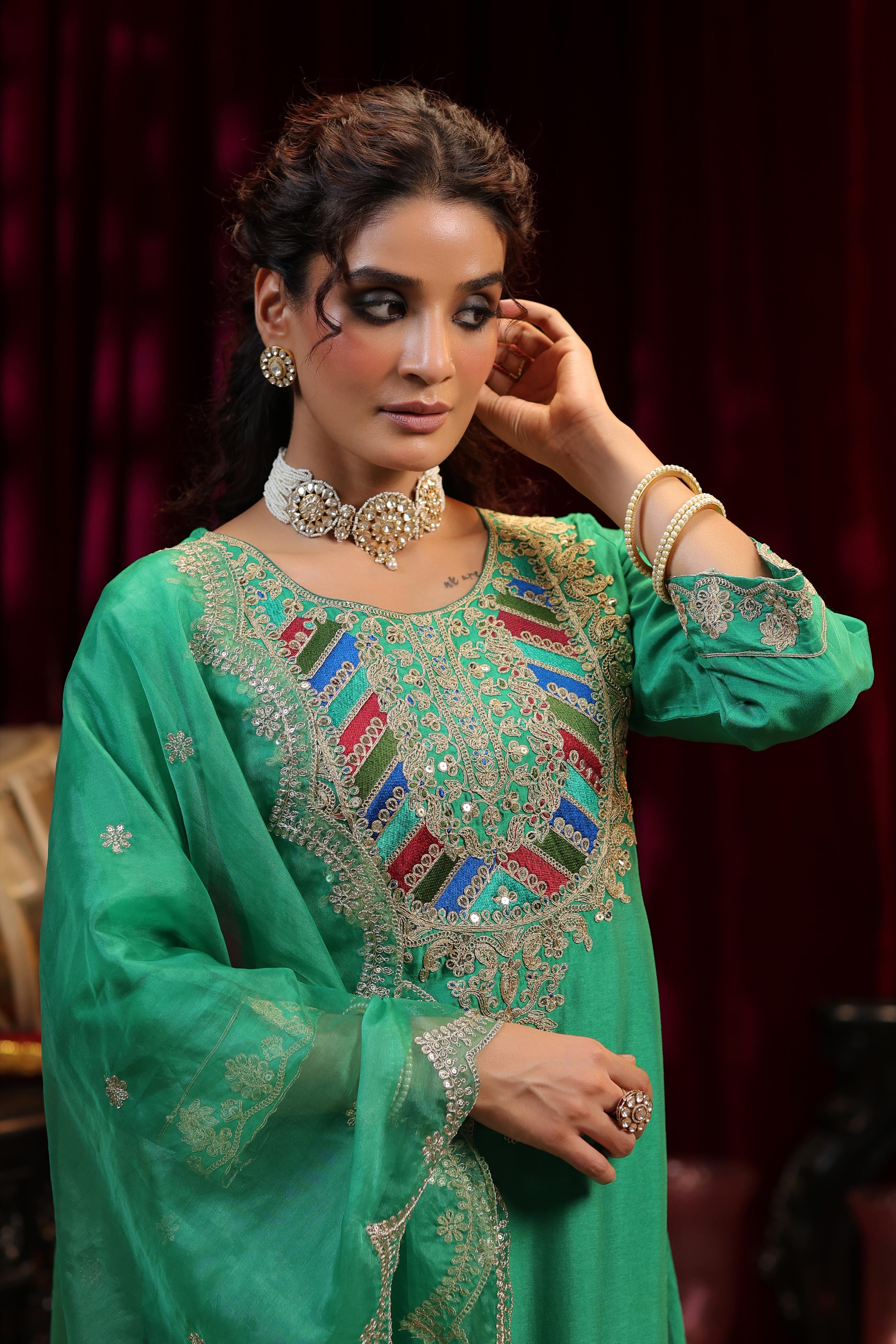 Green Dupion Silk Dori & Sequin Embroidered Suit Set